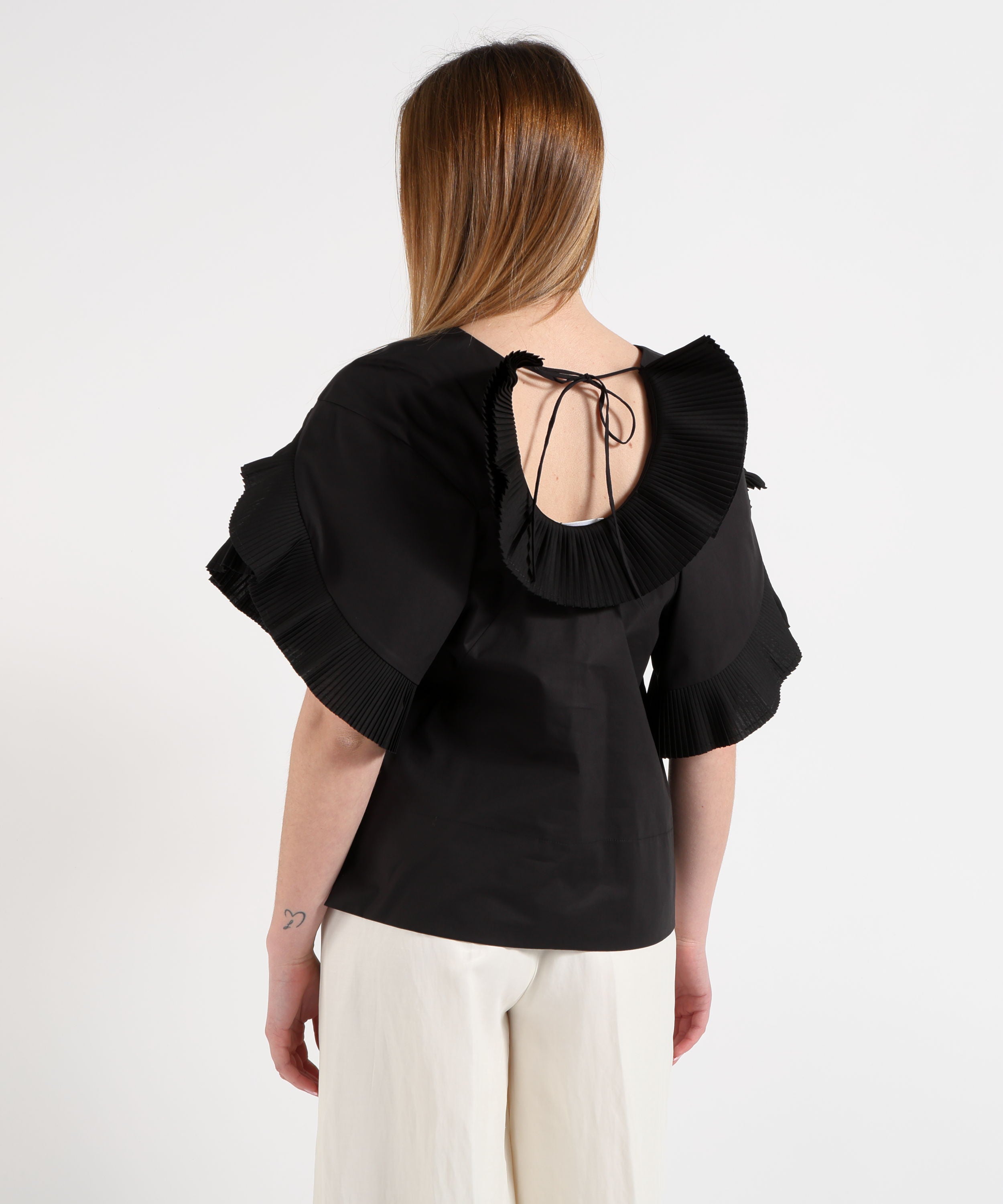 Blouses MEIMEI Women's Oversized T‑Shirt with Pleated Ruffles Nero | MEIMEI