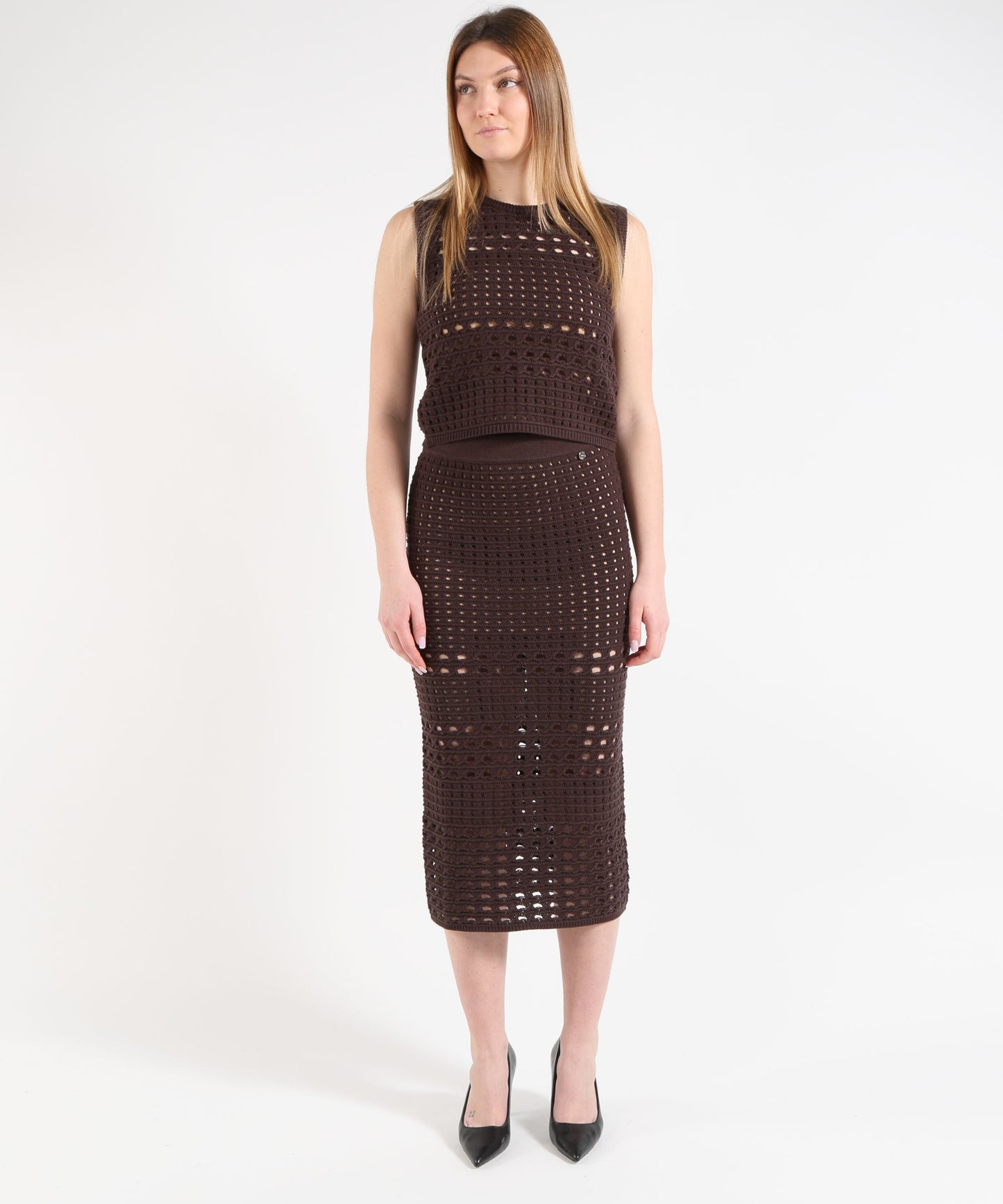 LIUJO WHITE Crochet Midi Skirt