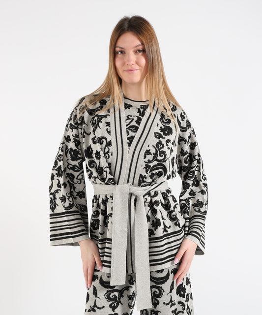 Cardigans LIUJO WHITE Floral Print Knit Cardigan with Belt Argento/nero | LIUJO WHITE
