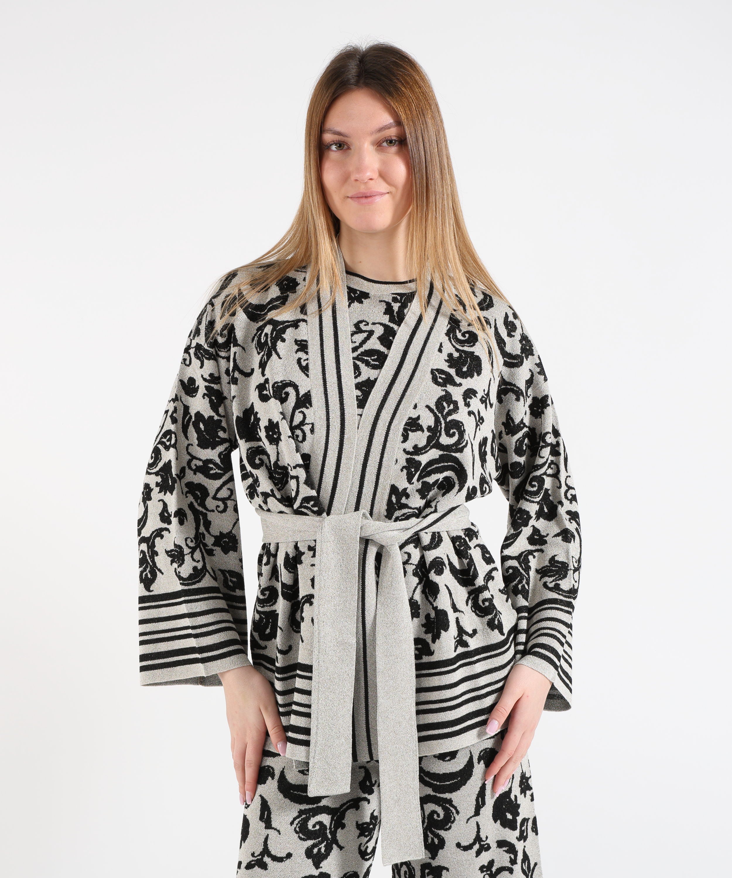 Cardigans LIUJO WHITE Floral Print Knit Cardigan with Belt Argento/nero | LIUJO WHITE