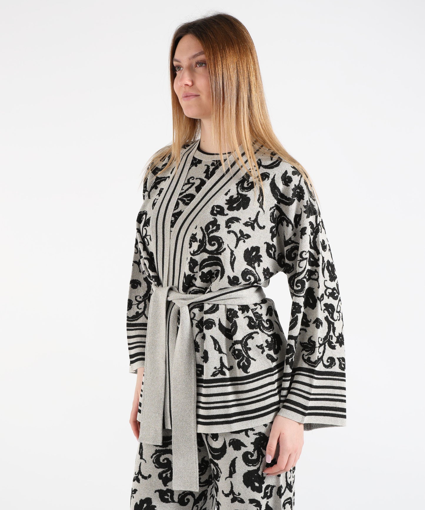 LIUJO WHITE Cardigan in maglia stampa floreale con cinta