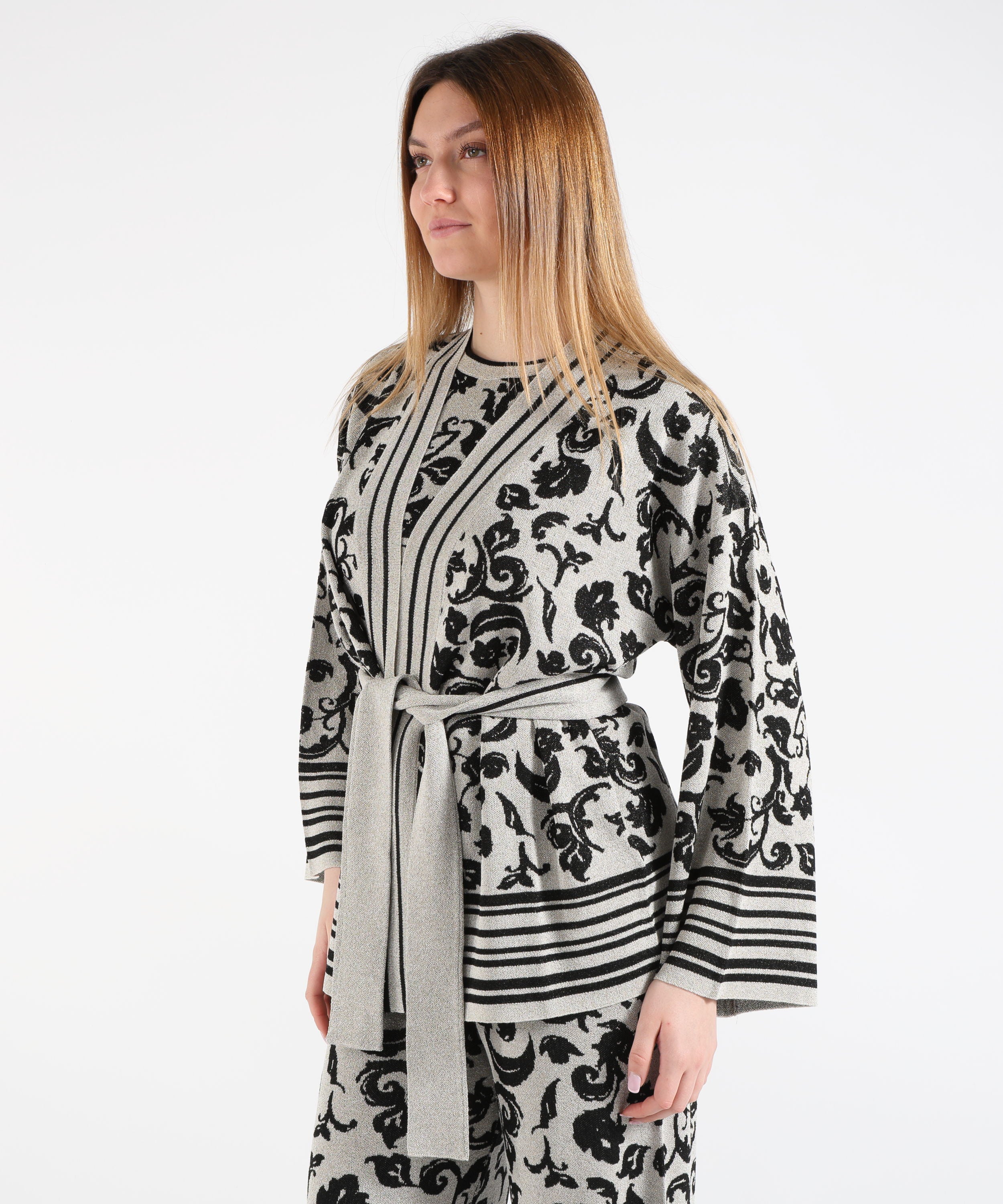 Cardigans LIUJO WHITE Floral Print Knit Cardigan with Belt Argento/nero | LIUJO WHITE