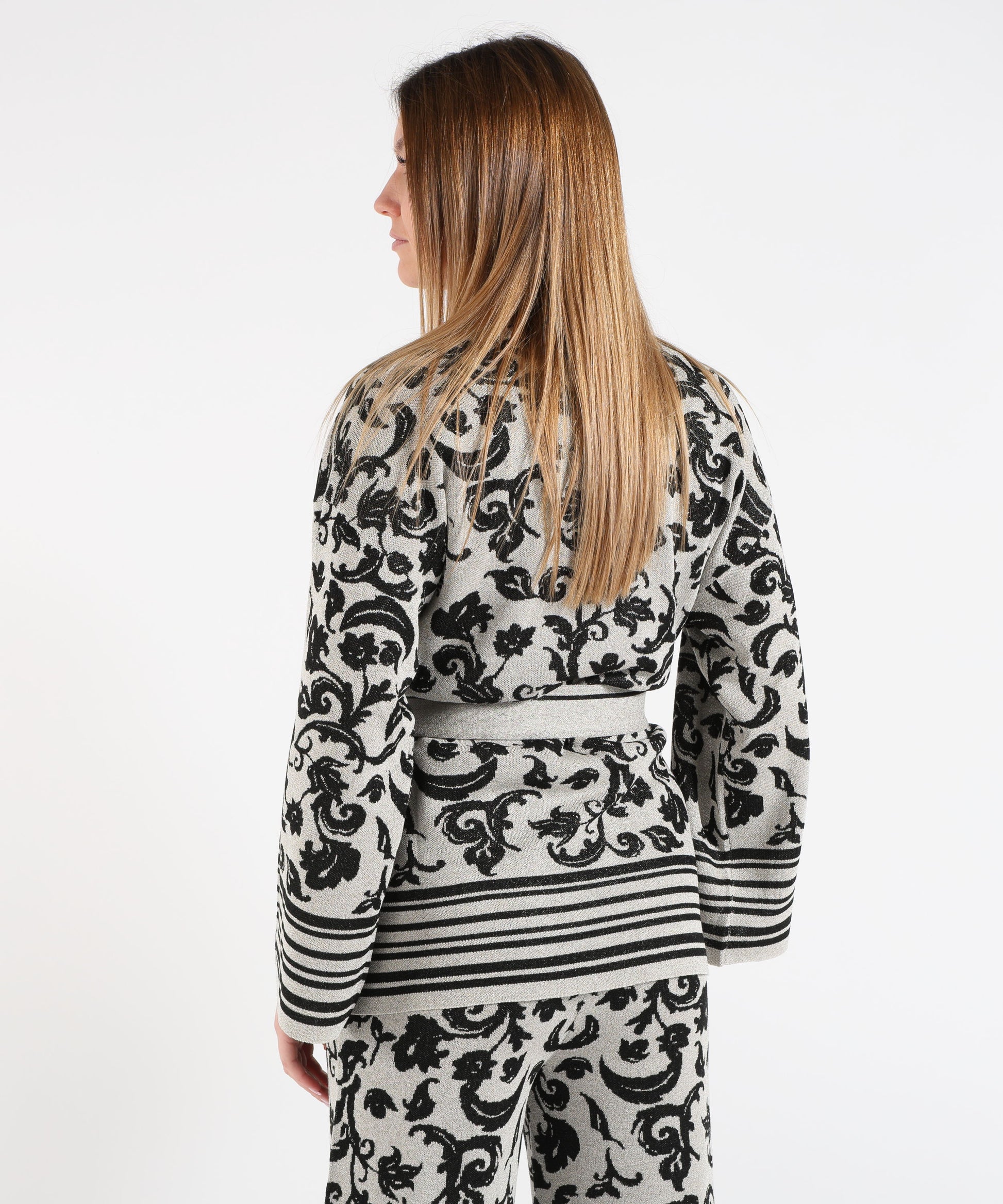 Cardigan LIUJO WHITE Cardigan in maglia stampa floreale con cinta Argento/nero | LIUJO WHITE