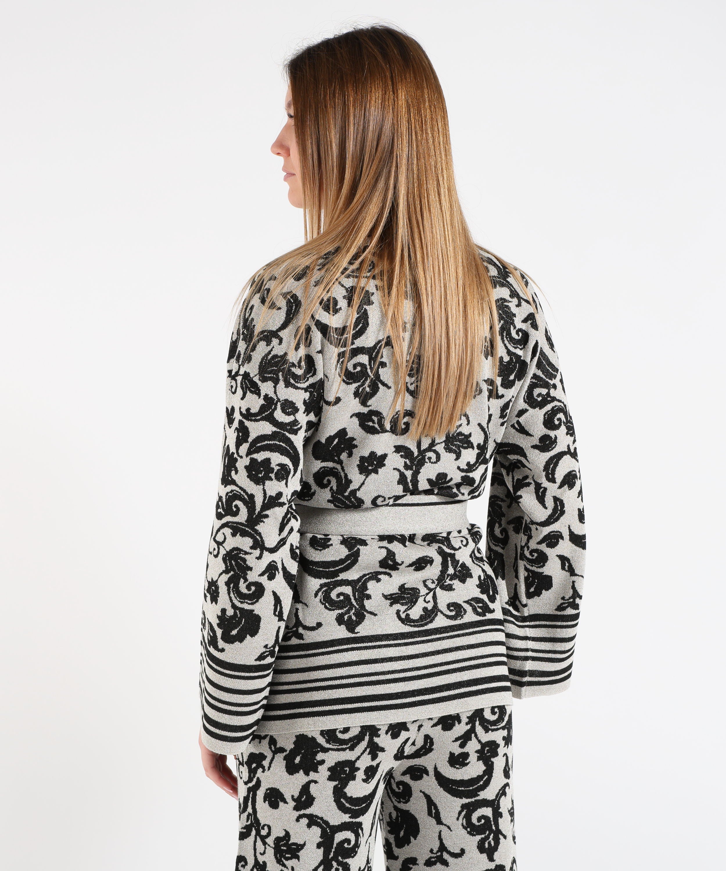 Cardigans LIUJO WHITE Floral Print Knit Cardigan with Belt Argento/nero | LIUJO WHITE