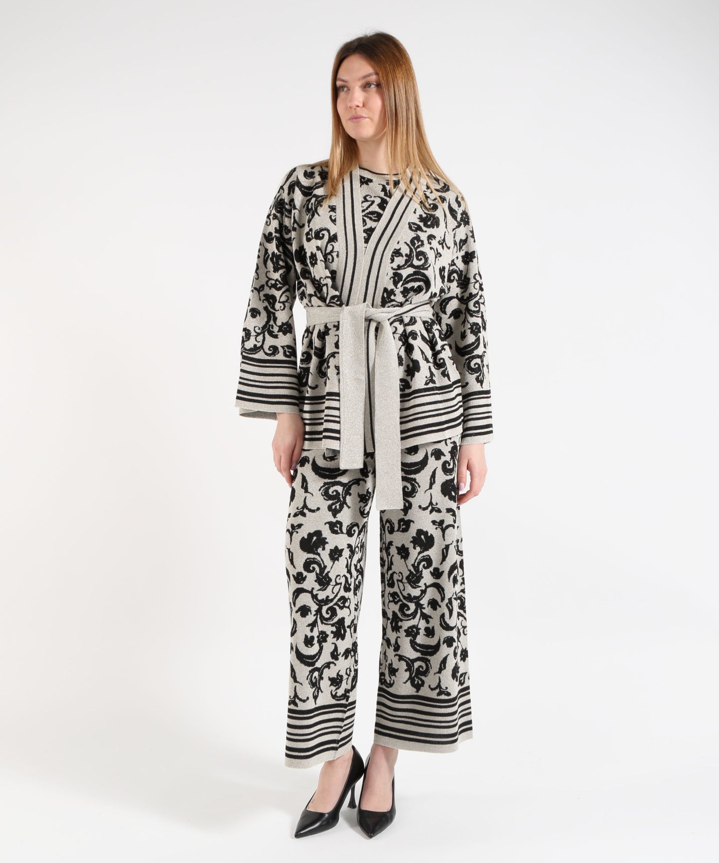 LIUJO WHITE Cardigan in maglia stampa floreale con cinta