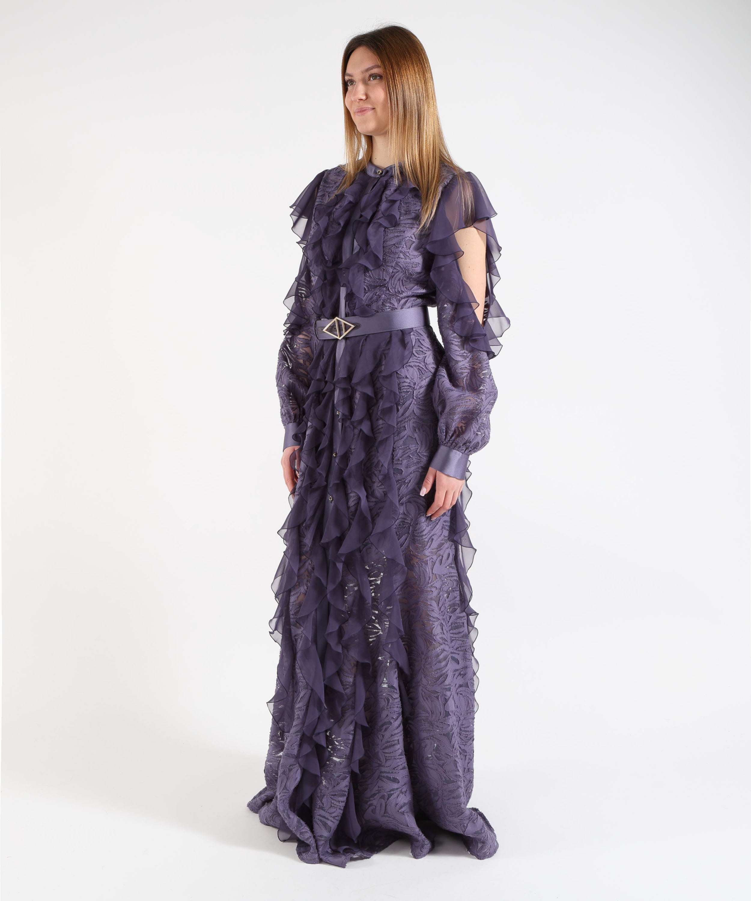 Abiti D'ANDREA COLLECTION Abito Lungo Donna con Rouches e Bottoncini Gioiello Viola | D'ANDREA COLLECTION