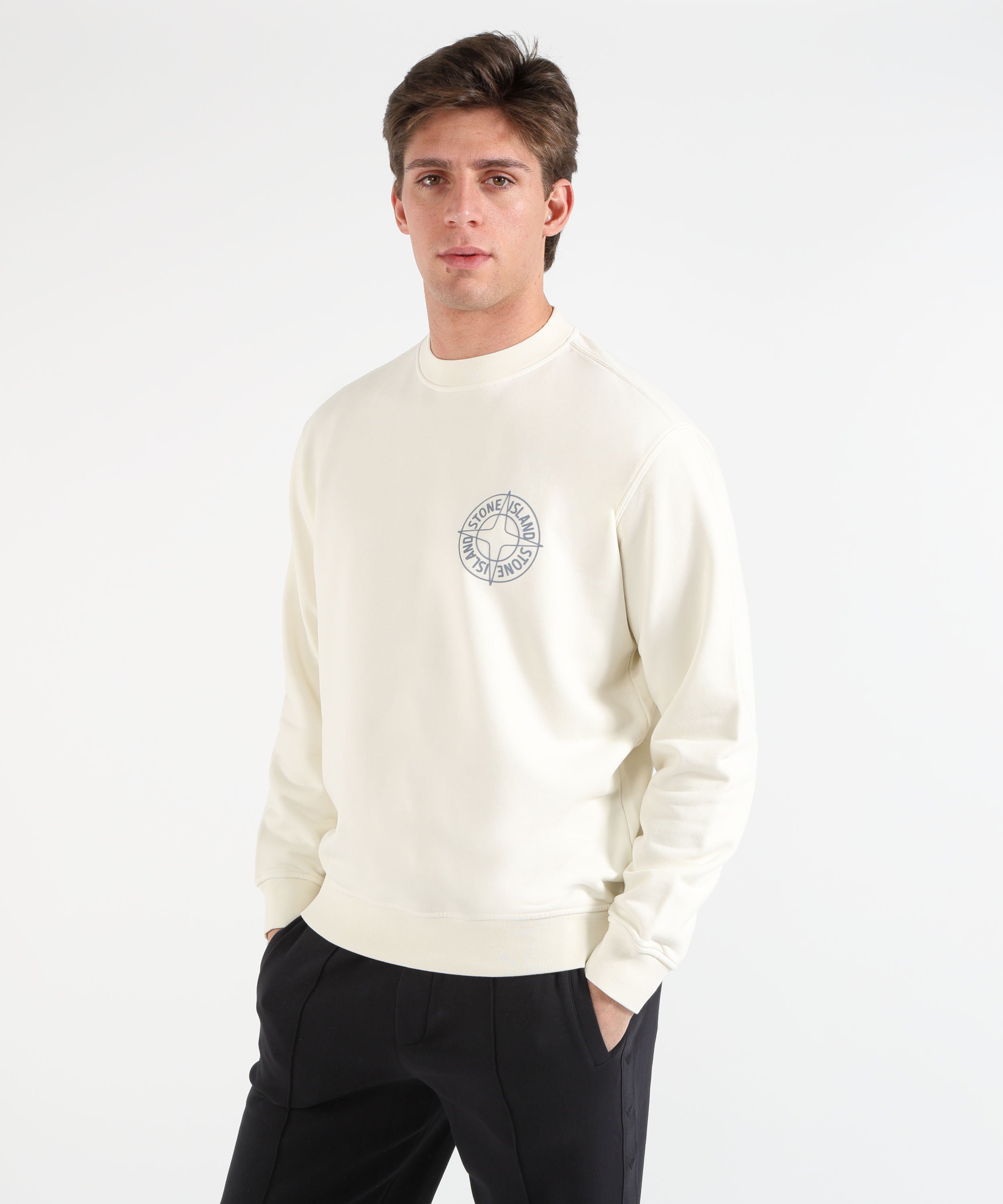 Felpe STONE ISLAND COTTON FLEECE - Felpa girocollo oversize con stampa ‘Outline Compass’ Avorio | STONE ISLAND