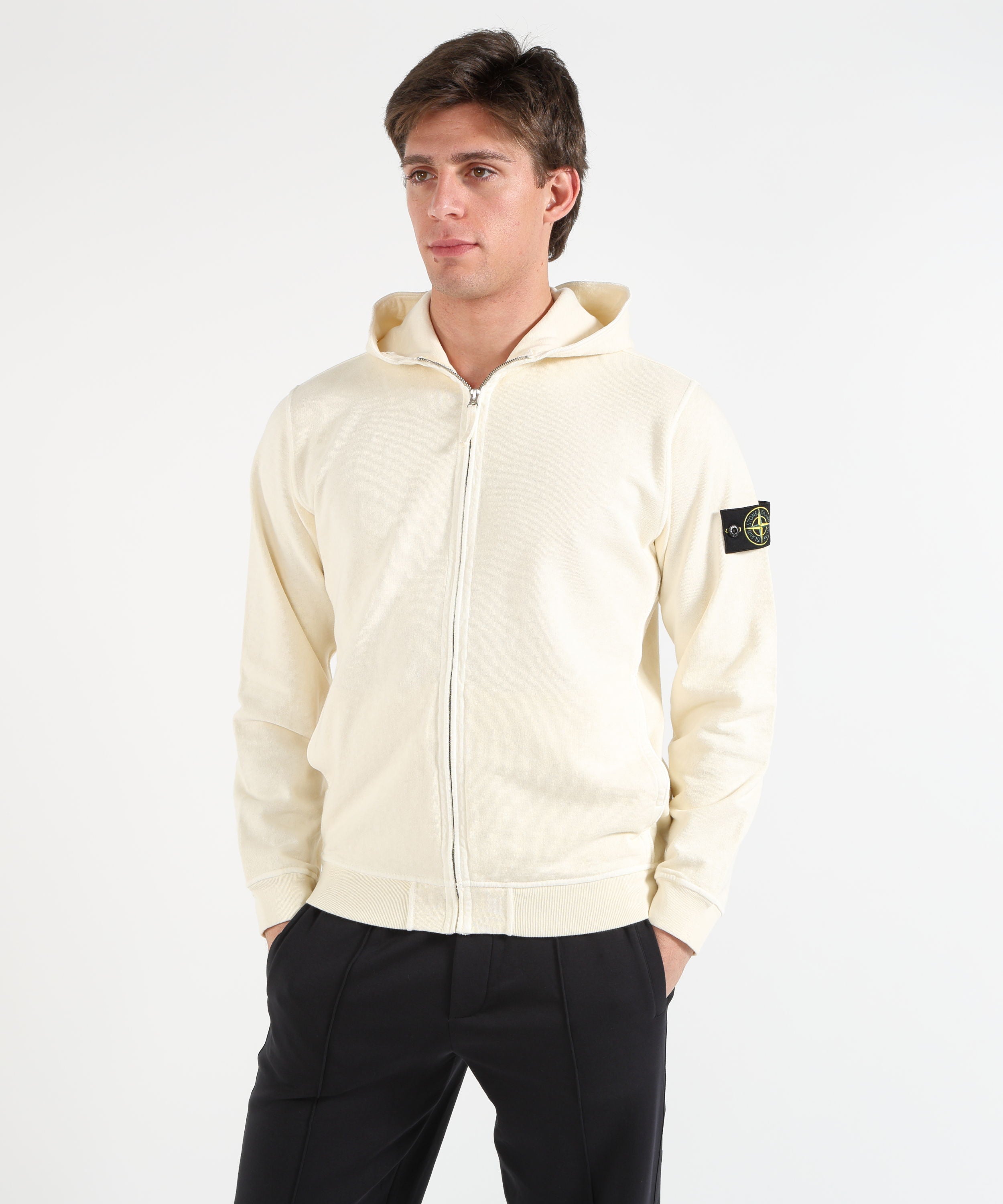 Felpe STONE ISLAND MALFILÉ FLEECE 'OLD' EFFECT - Felpa vestibilità regular con cappuccio, zip e tasche Avorio | STONE ISLAND