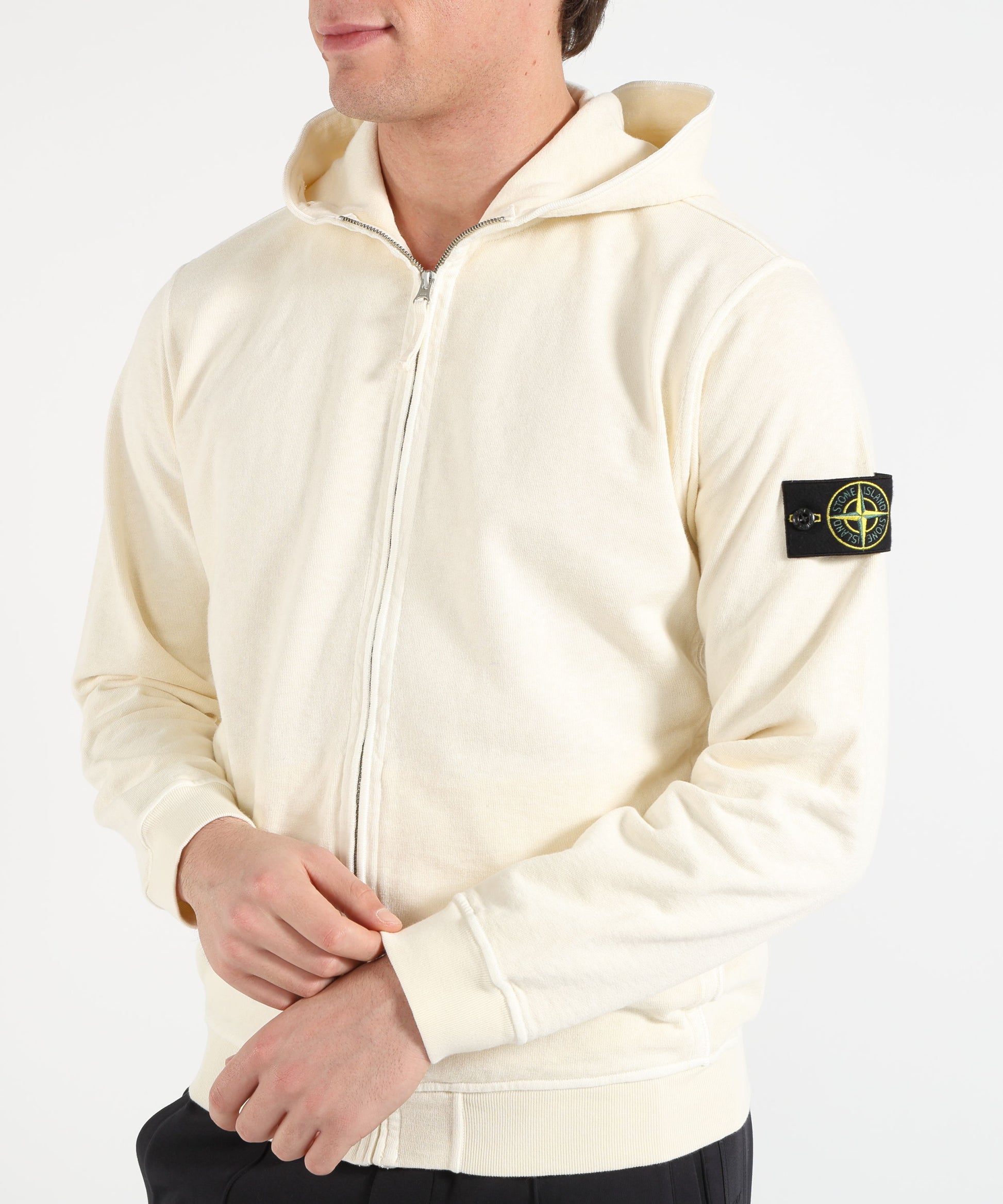 Felpe STONE ISLAND MALFILÉ FLEECE 'OLD' EFFECT - Felpa vestibilità regular con cappuccio, zip e tasche Avorio | STONE ISLAND