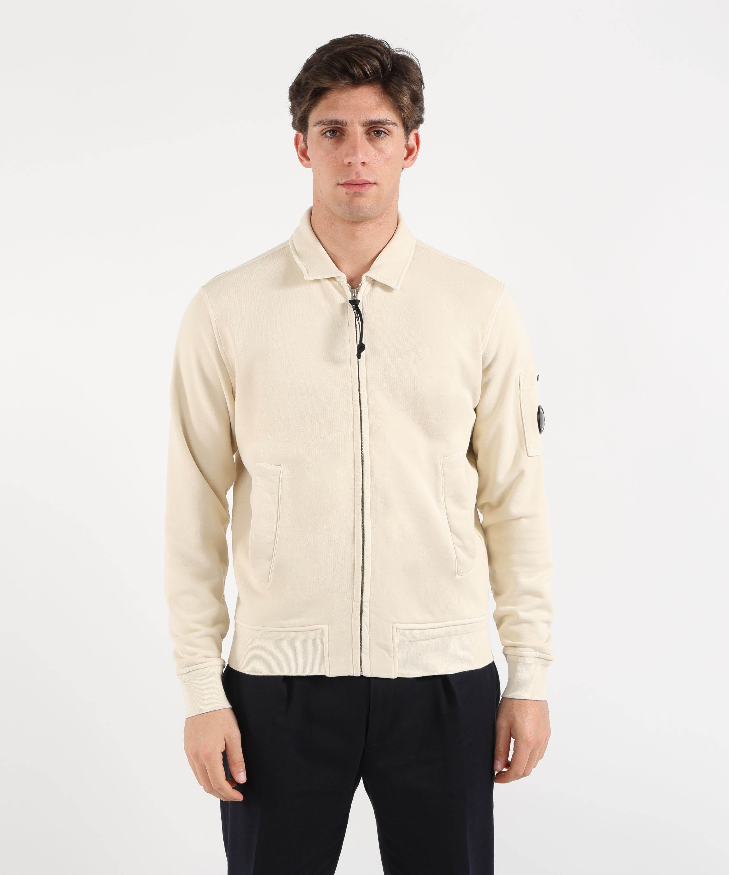 C.P. COMPANY Cotton Diagonal Fleece Zip Lens Sweatshirt