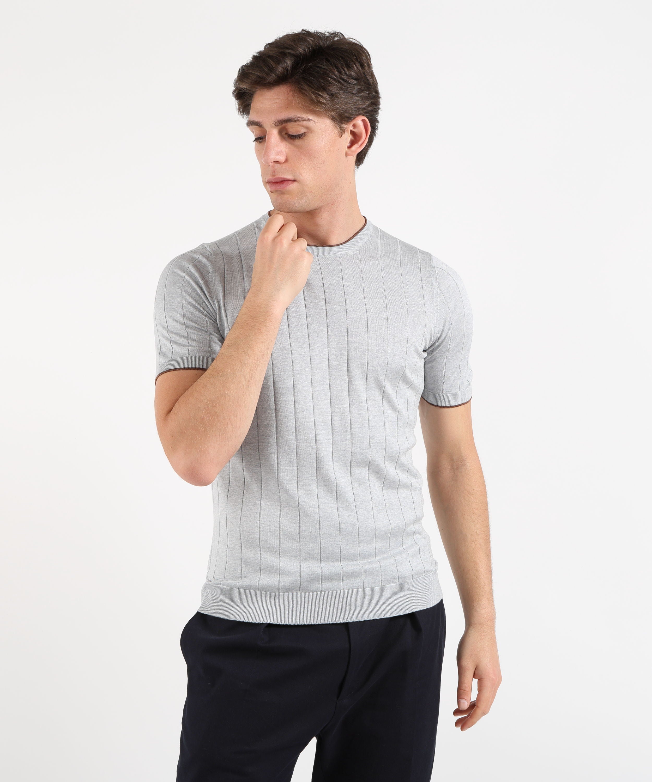 Maglie GRAN SASSO Maglia Estiva Girocollo con Bordino a Contrasto Grigio | GRAN SASSO