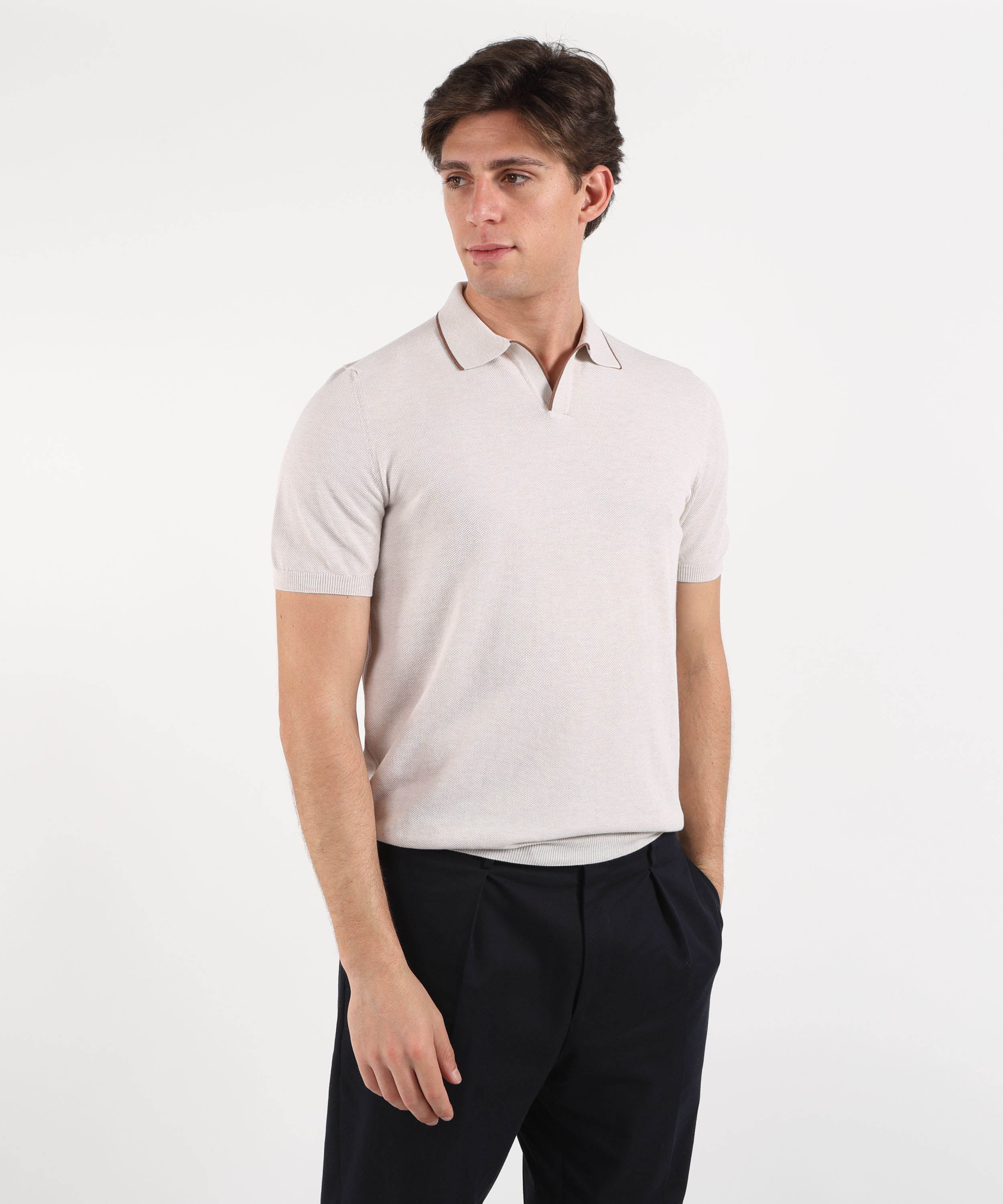 Polo GRAN SASSO Polo Manica Corta Effetto Nido d’Ape con Riga a Contrasto Tortora | GRAN SASSO