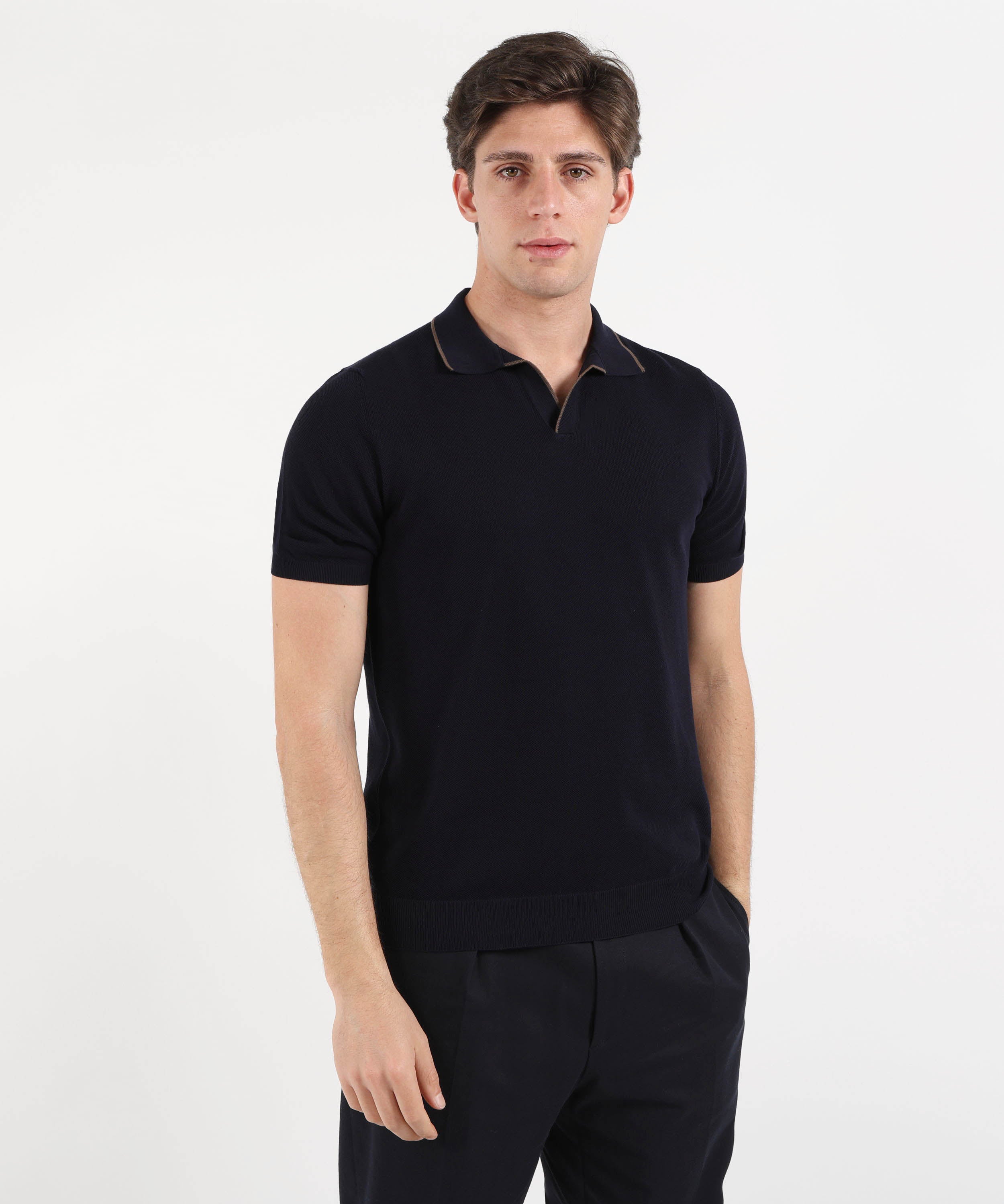 Polo GRAN SASSO Polo Manica Corta Effetto Nido d’Ape con Riga a Contrasto Nero | GRAN SASSO