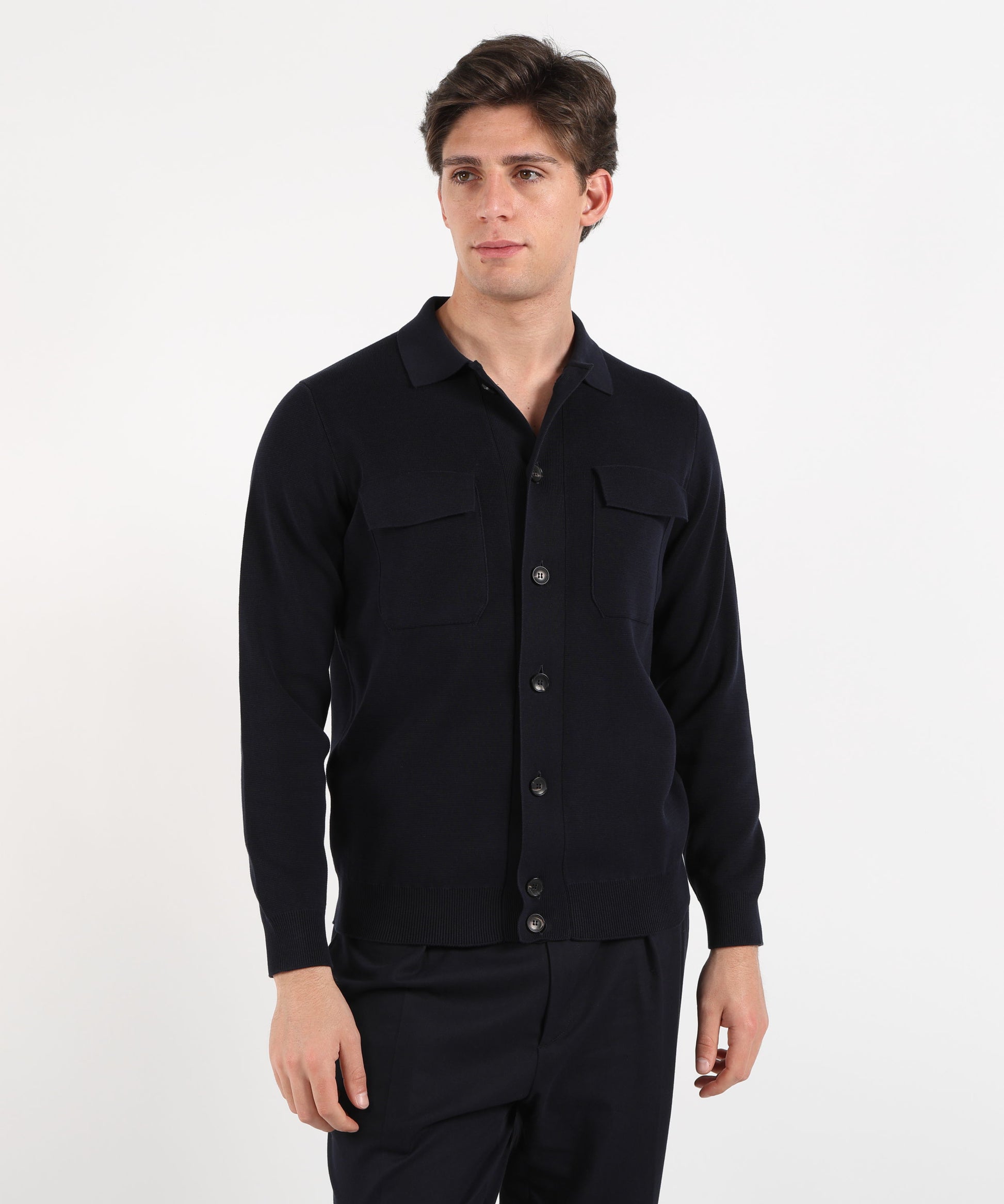 Jackets FILIPPO DE LAURENTIIS Crepe cotton blouson with double pockets Navy | FILIPPO DE LAURENTIIS
