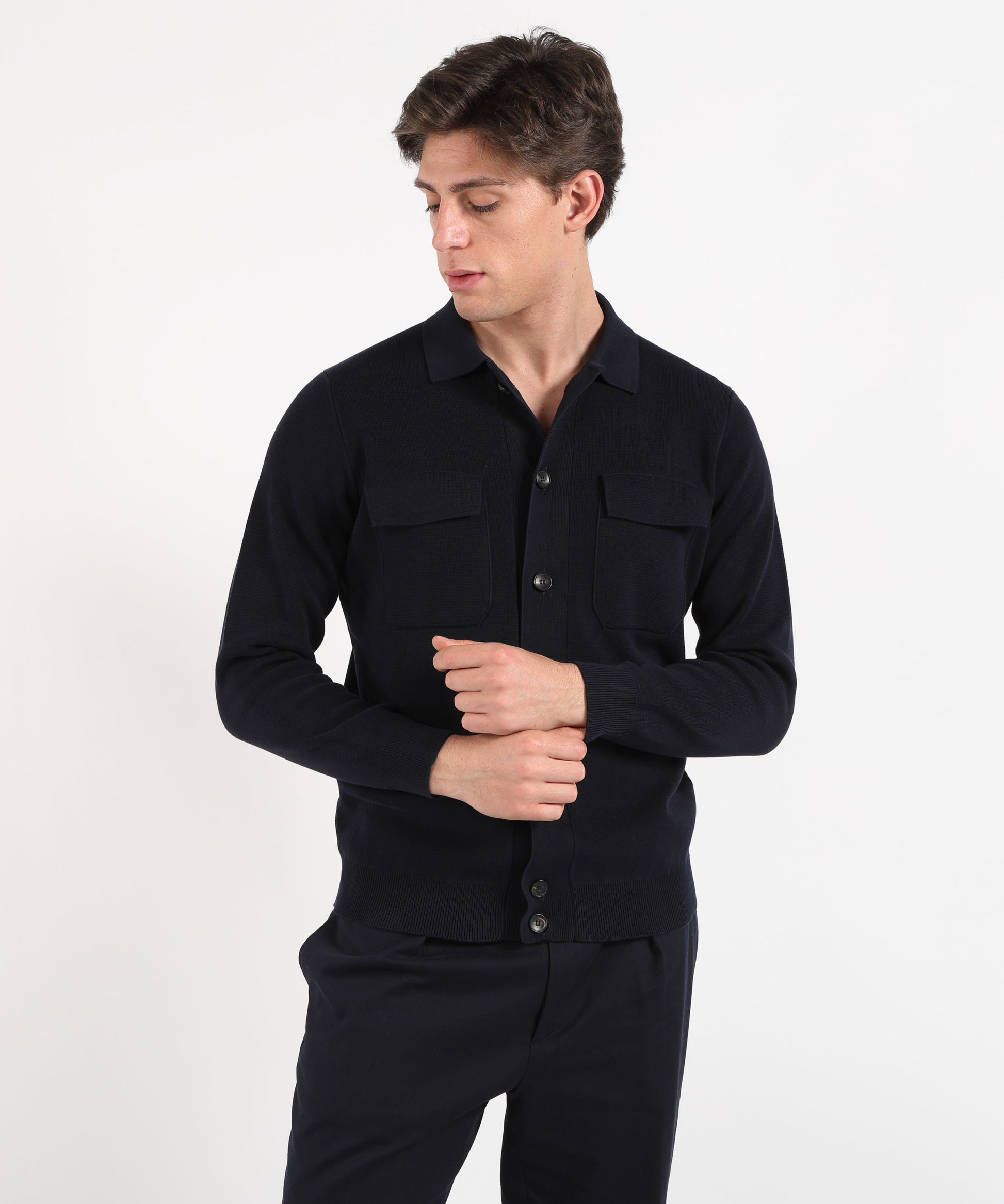 Jackets FILIPPO DE LAURENTIIS Crepe cotton blouson with double pockets Navy | FILIPPO DE LAURENTIIS