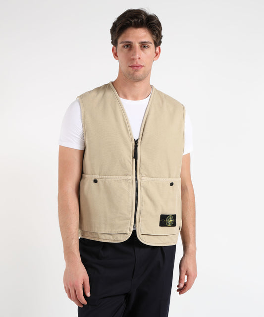 Gilet STONE ISLAND ORGANIC PANAMA COTTON 'OLD' EFFECT - Gilet vestibilità ampia con tasche multiple Deserto | STONE ISLAND