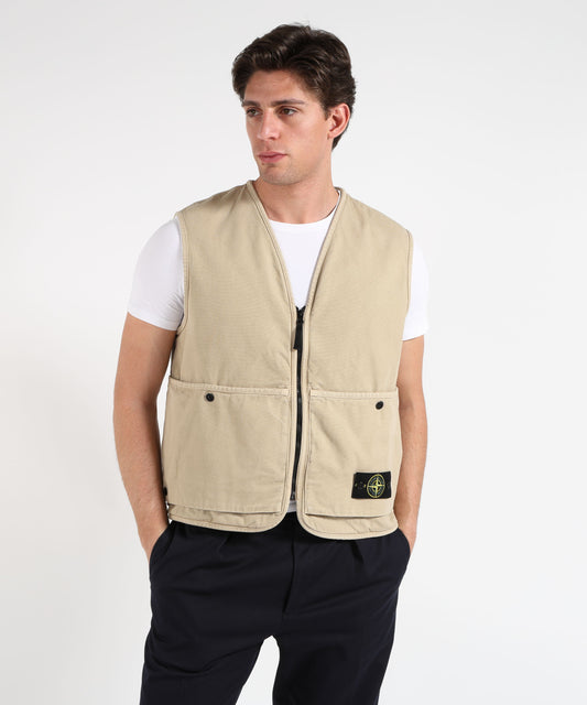 Gilet STONE ISLAND ORGANIC PANAMA COTTON 'OLD' EFFECT - Gilet vestibilità ampia con tasche multiple Deserto | STONE ISLAND