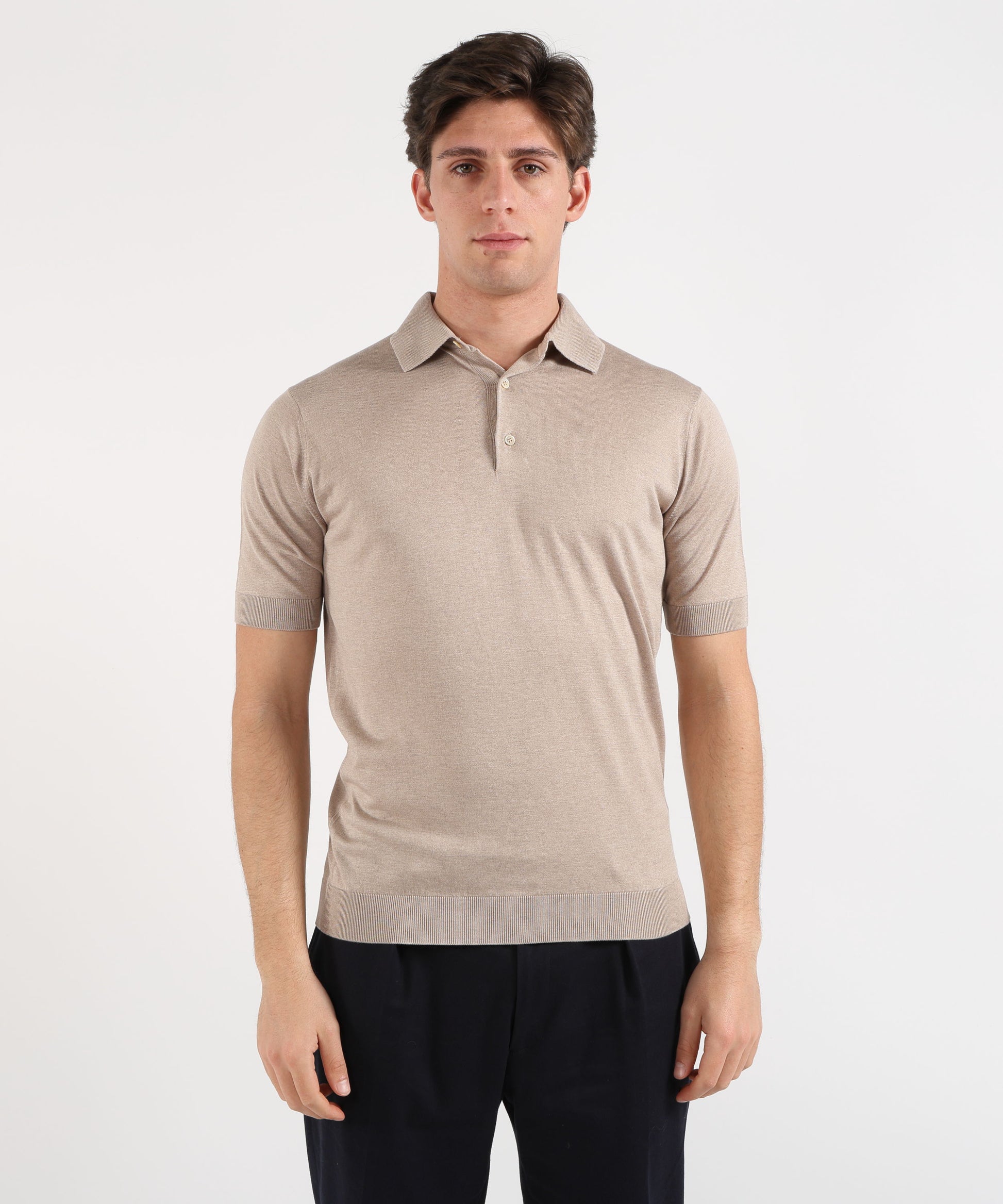 Polo shirts FILIPPO DE LAURENTIIS Men’s half-sleeve polo – faux ribbing detail Beige | FILIPPO DE LAURENTIIS