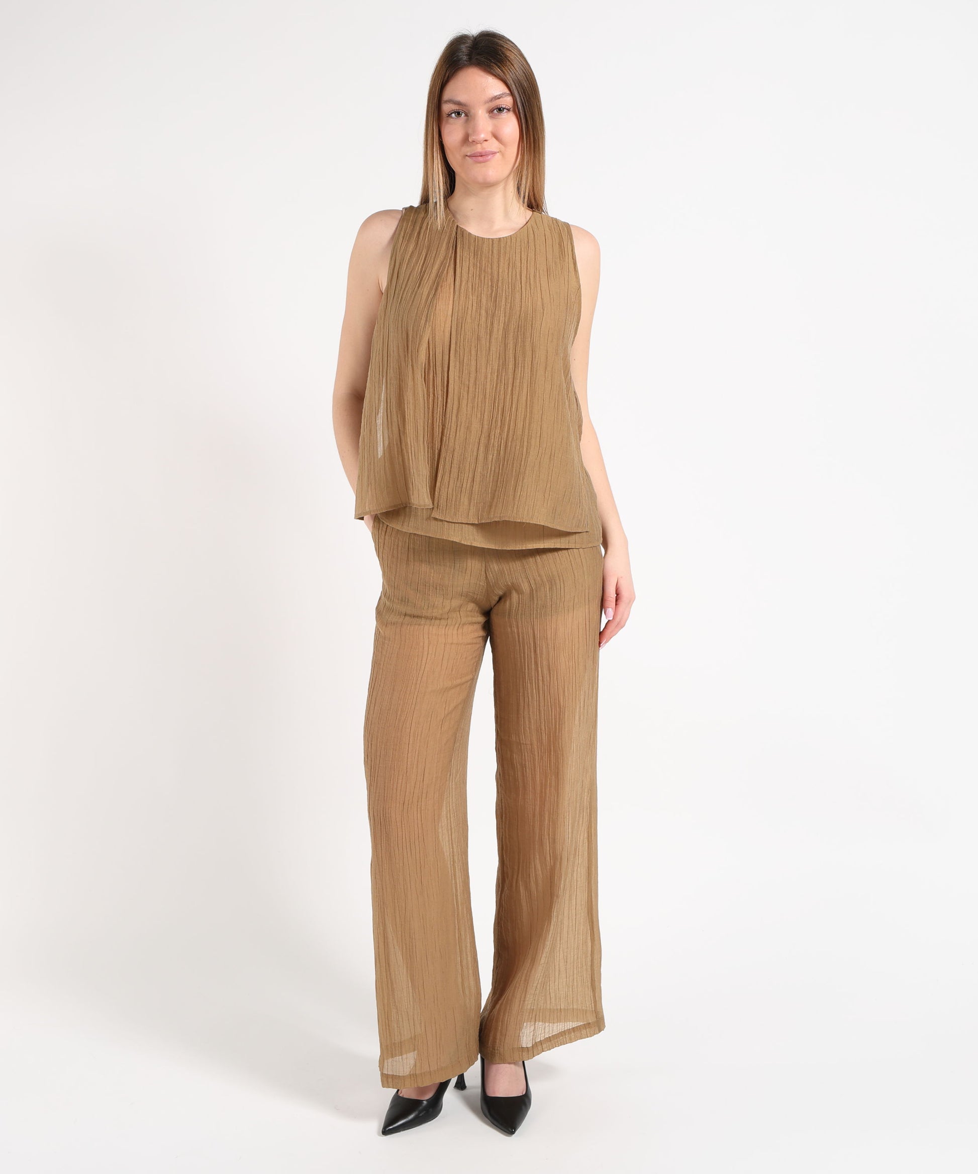 Trousers SEVENTY Wide semi-stretch trousers in solid voile Kaki | SEVENTY