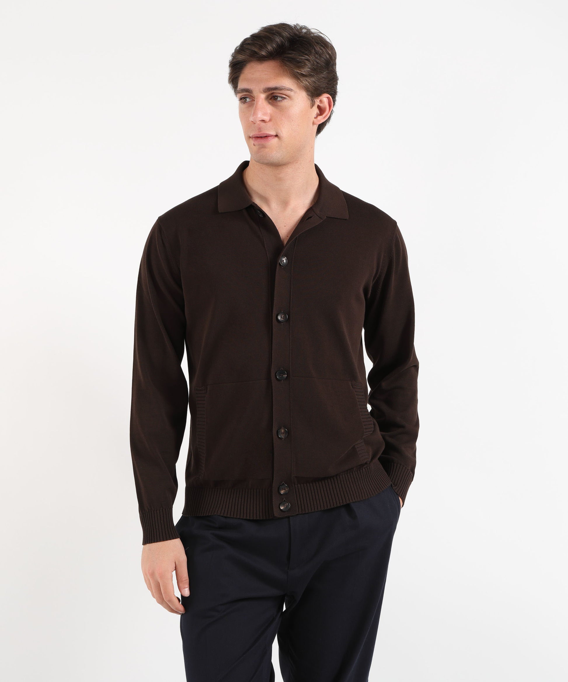 Cardigans FILIPPO DE LAURENTIIS Men’s short blouse – polo collar Testa di moro | FILIPPO DE LAURENTIIS