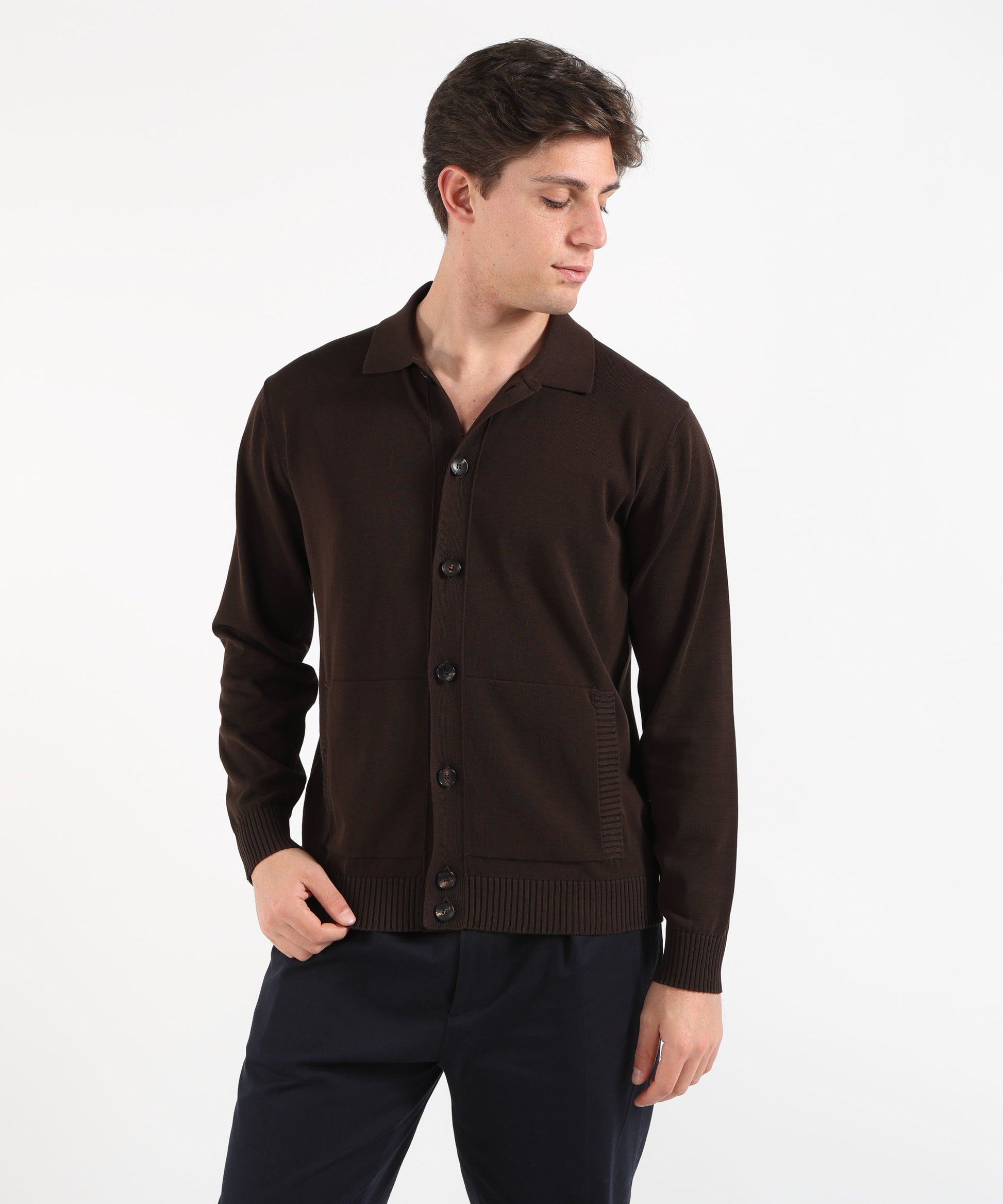 Cardigans FILIPPO DE LAURENTIIS Men’s short blouse – polo collar Testa di moro | FILIPPO DE LAURENTIIS