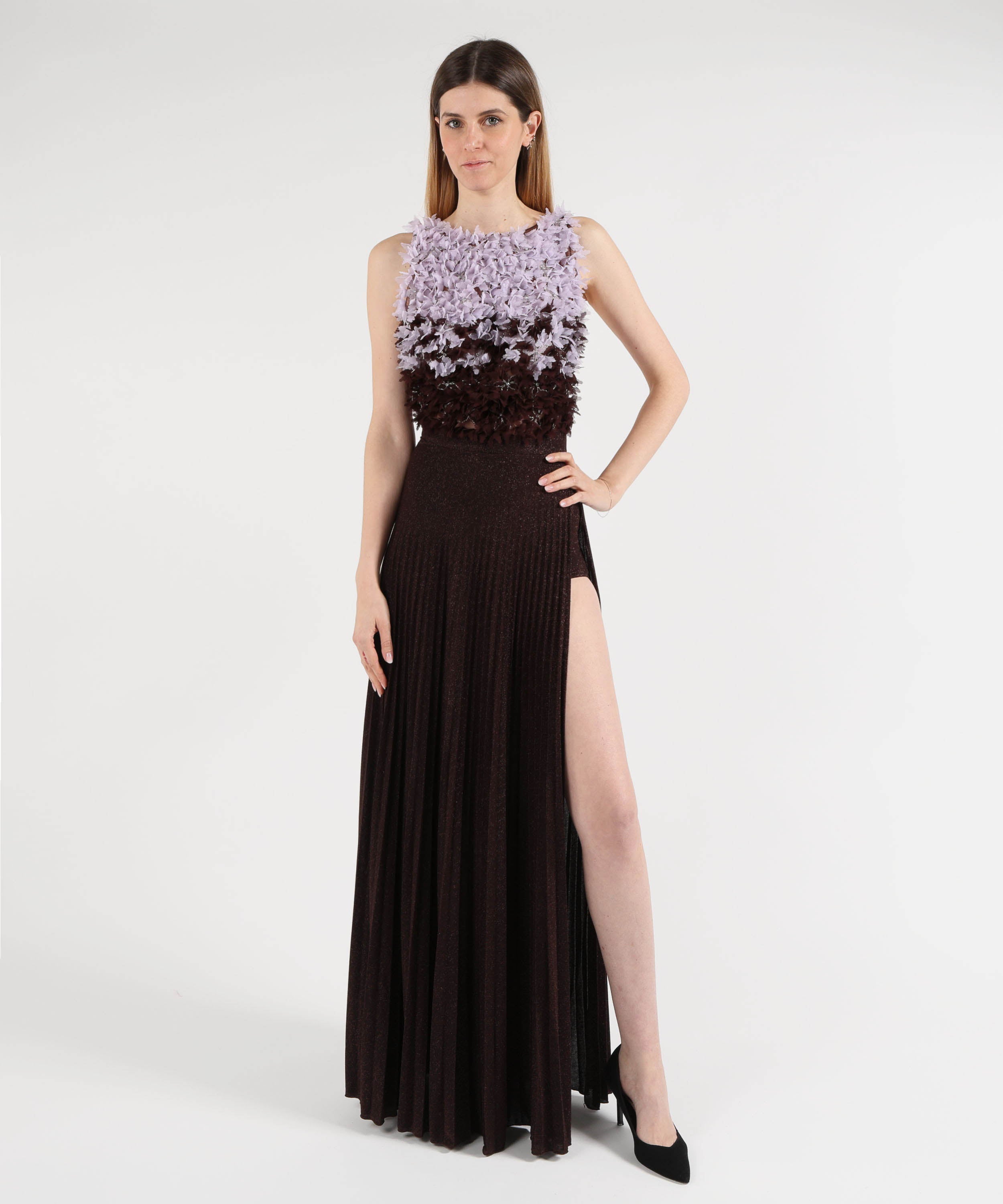 Abiti ELISABETTA FRANCHI Abito Red Carpet in tulle e jersey lurex Cacao/lilla | ELISABETTA FRANCHI