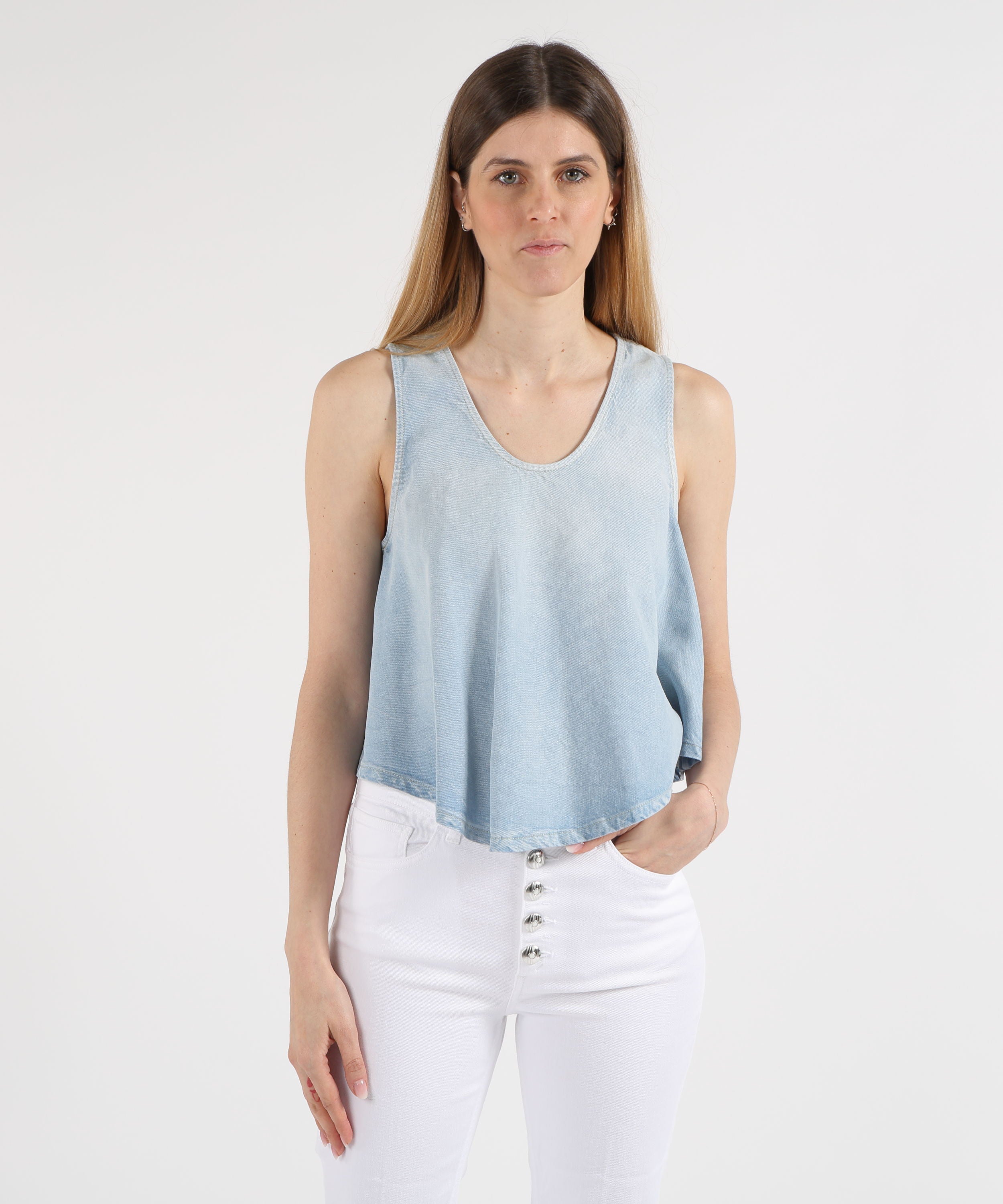 Top DONDUP Top cropped in denim fisso lyocell Blu | DONDUP