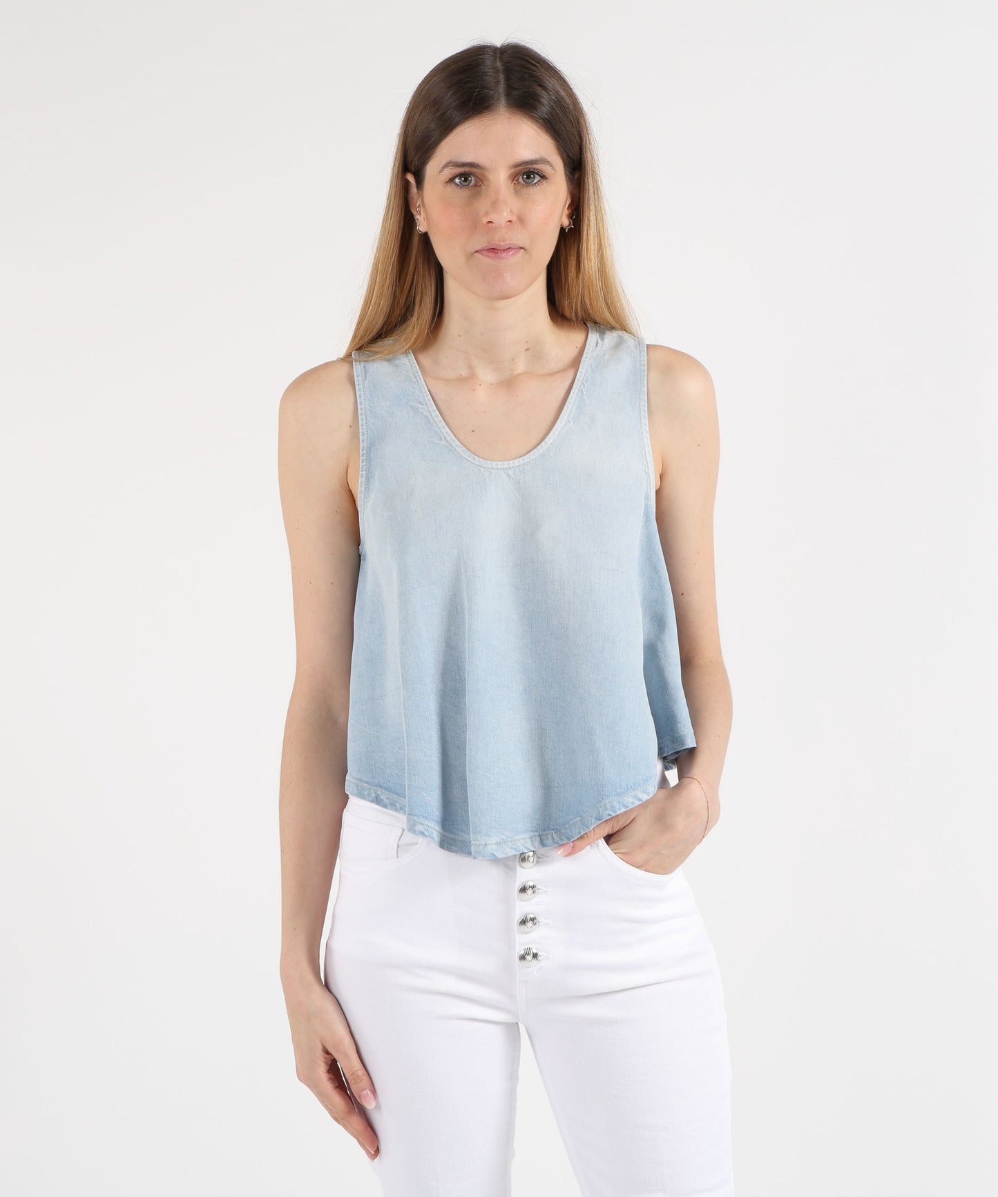 DONDUP Top cropped in denim fisso lyocell