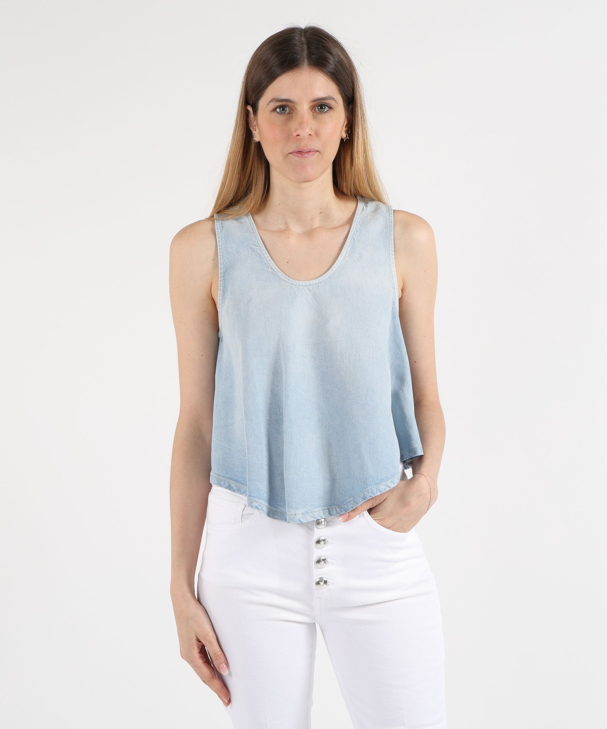 Top DONDUP Top cropped in denim fisso lyocell Blu | DONDUP