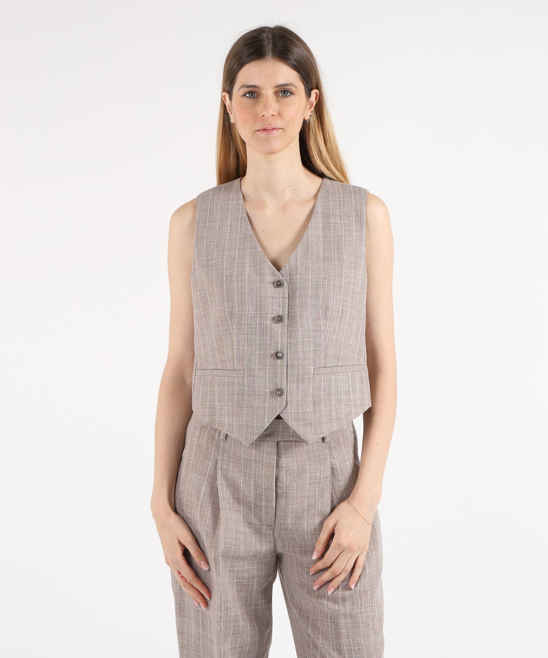 SEVENTY Gilet sartoriale in gessato melange misto lino