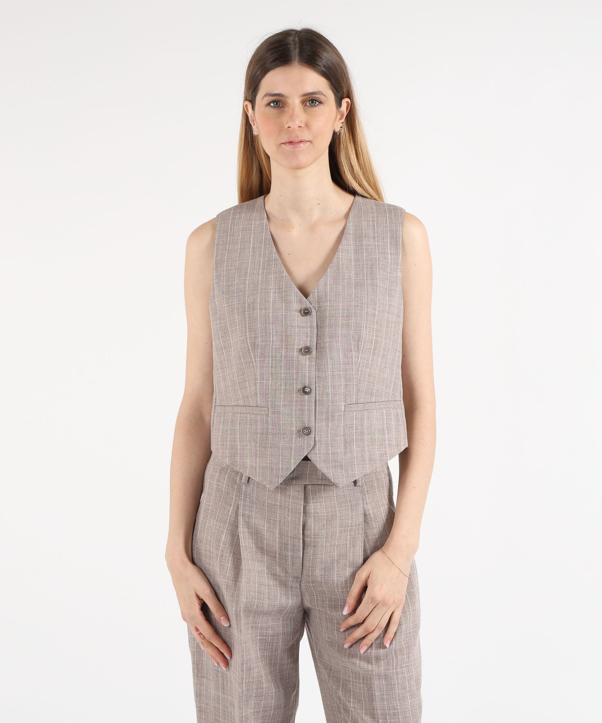 Gilet SEVENTY Gilet sartoriale in gessato melange misto lino Tortora | SEVENTY