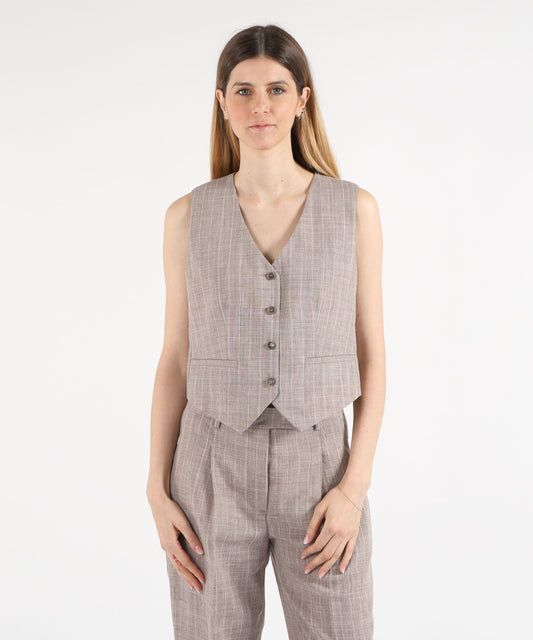 Gilet SEVENTY Gilet sartoriale in gessato melange misto lino Tortora | SEVENTY