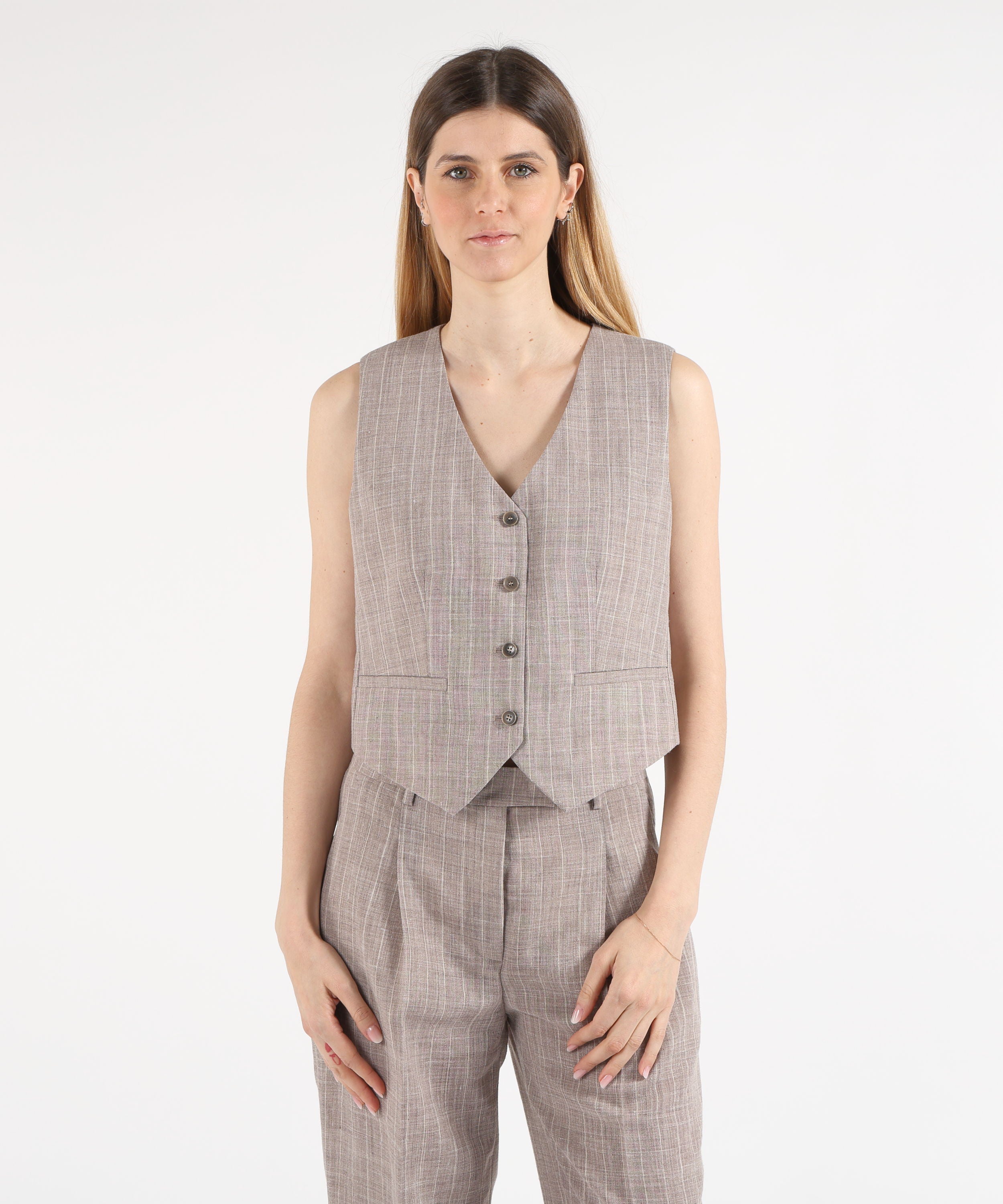 Gilet SEVENTY Gilet sartoriale in gessato melange misto lino Tortora | SEVENTY