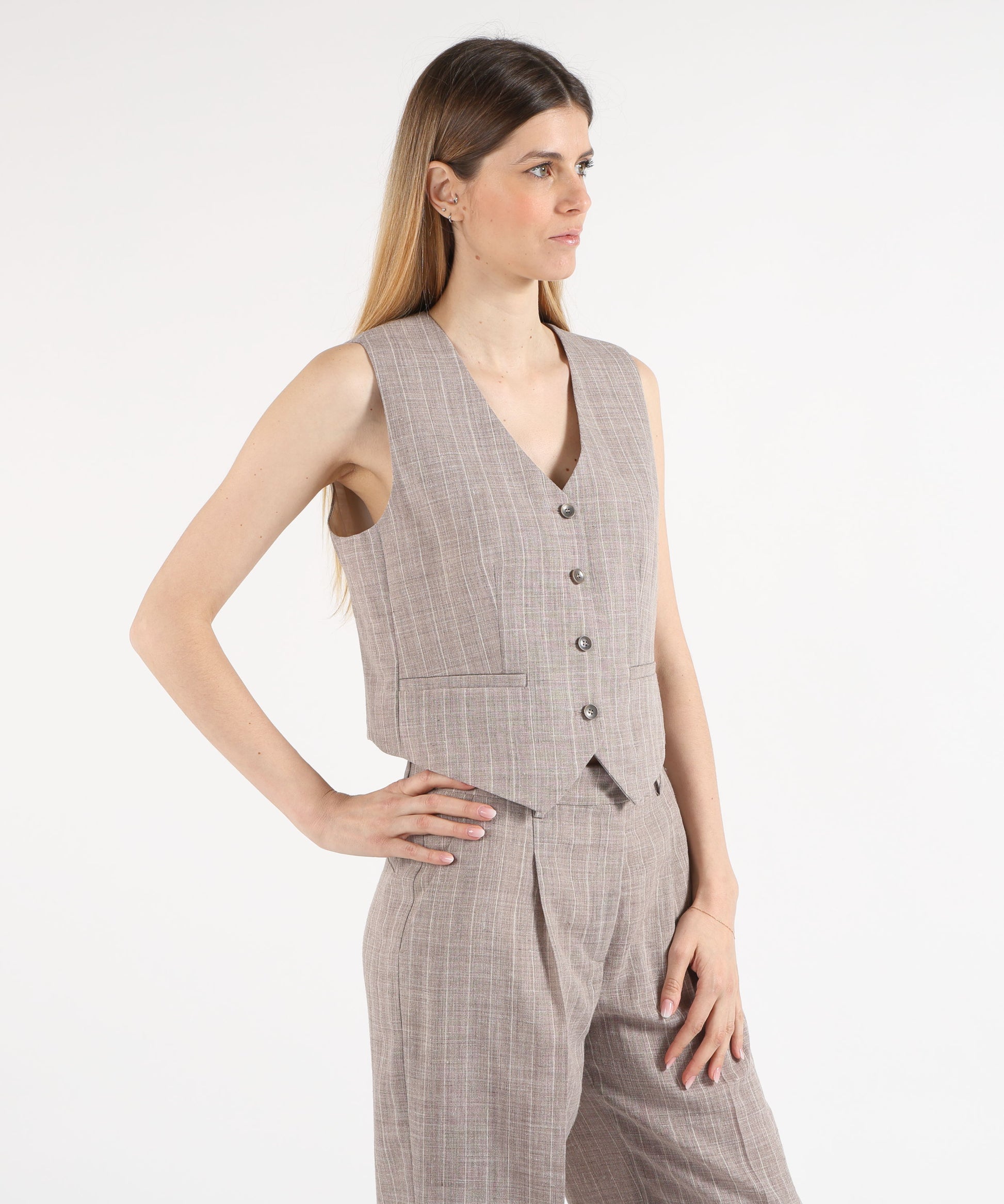 Gilet SEVENTY Gilet sartoriale in gessato melange misto lino Tortora | SEVENTY