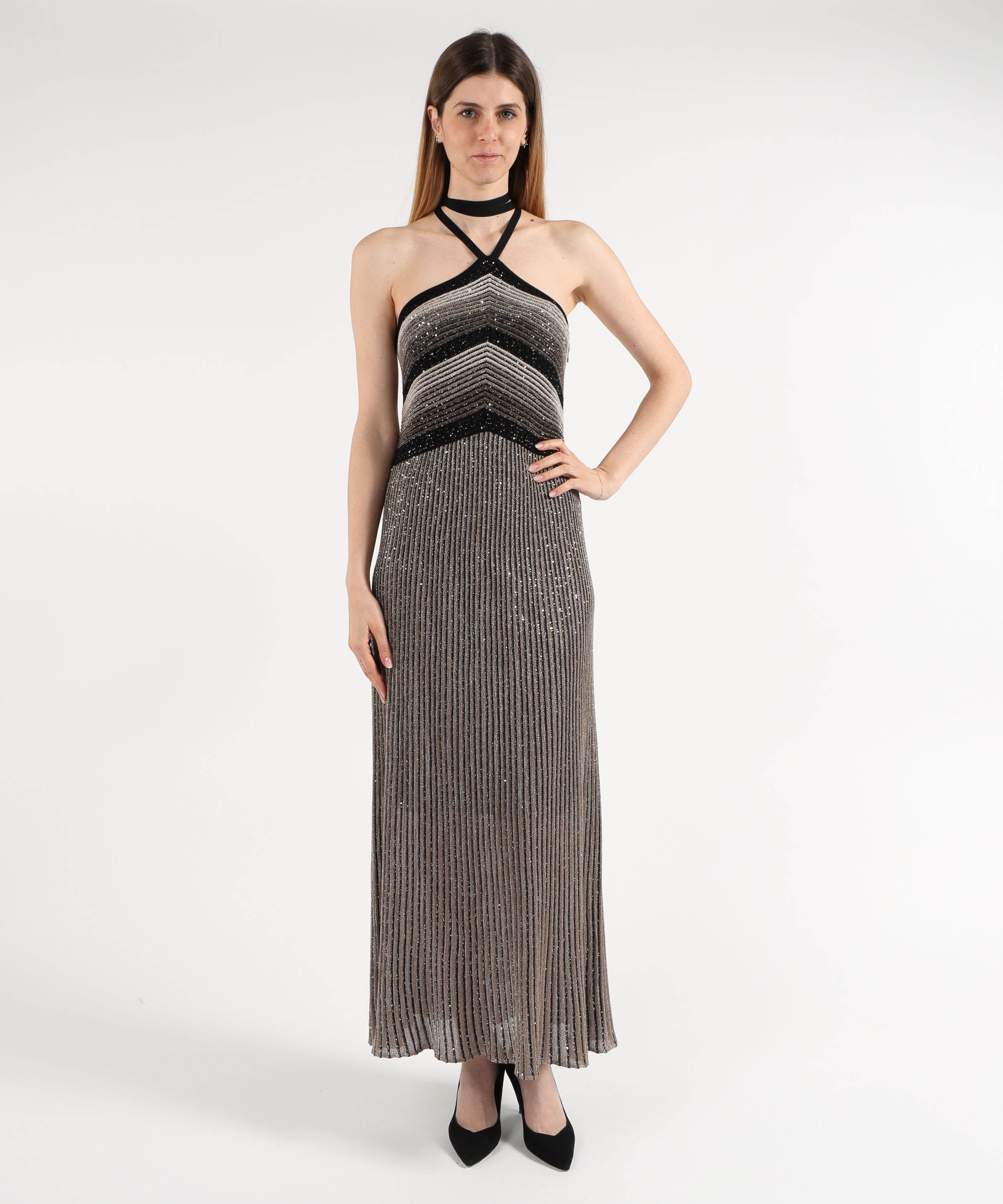 Abiti D.EXTERIOR Abito Lungo Paiettato a Costine Nero | D.EXTERIOR