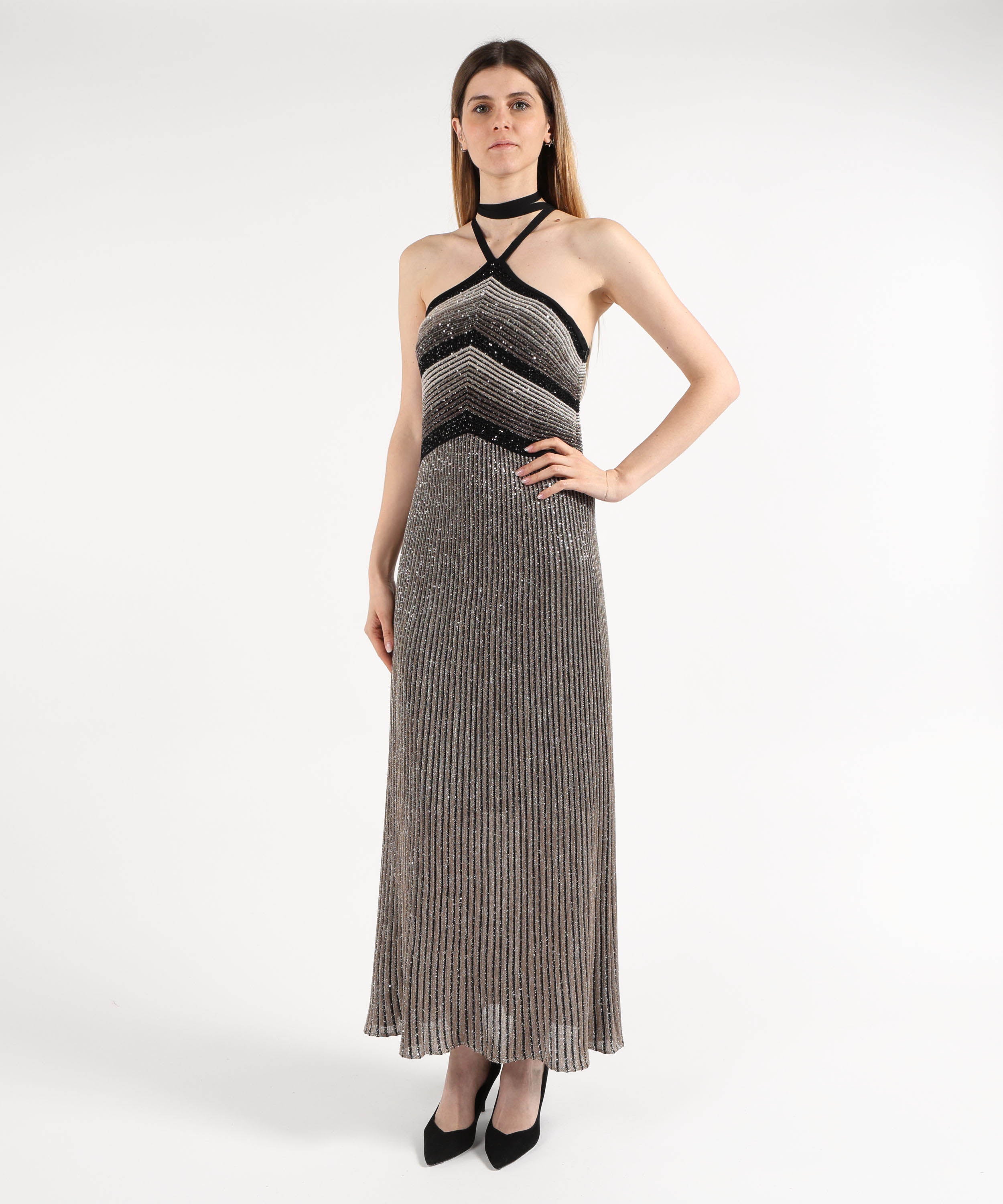 Abiti D.EXTERIOR Abito Lungo Paiettato a Costine Nero | D.EXTERIOR