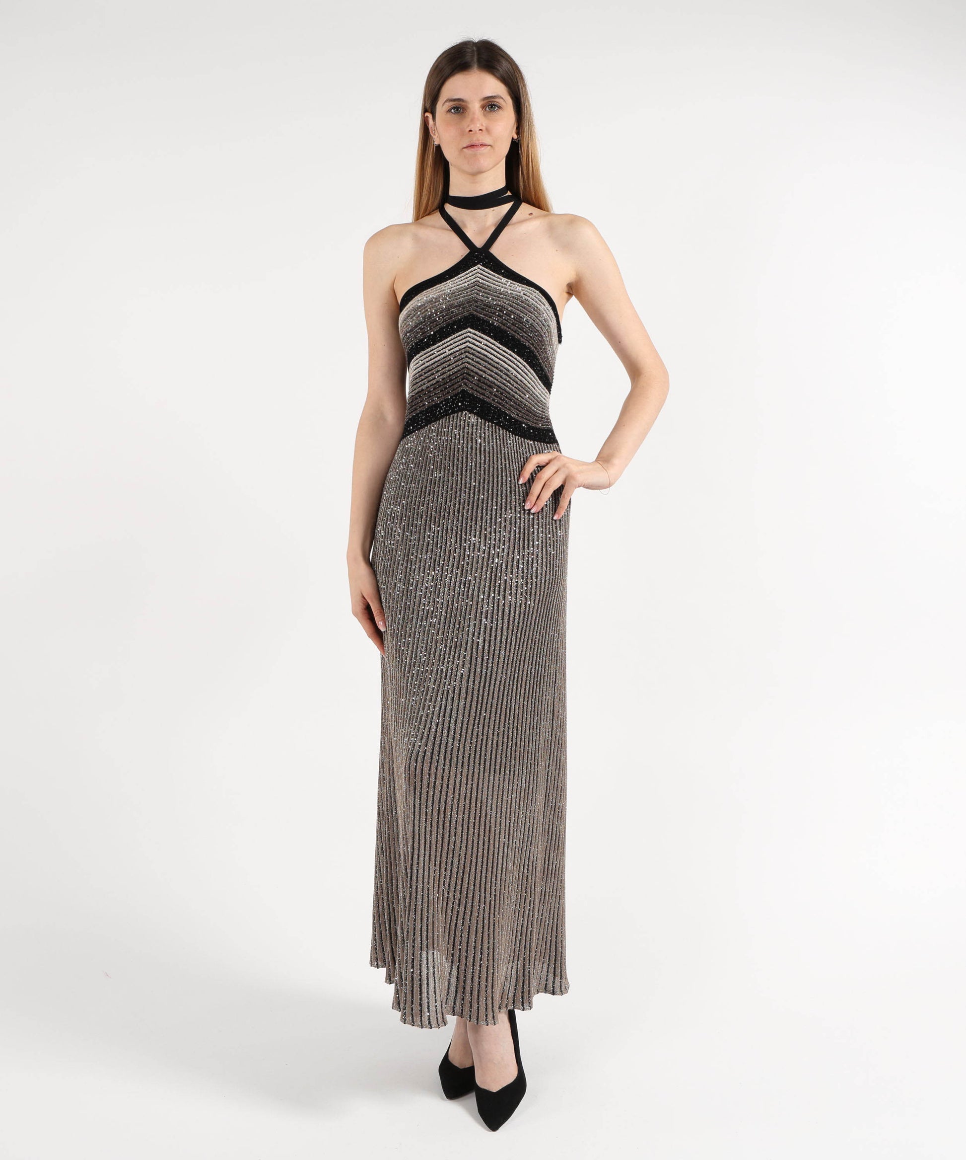 Dresses &amp; Suits D.EXTERIOR Ribbed Sequin Long Dress Nero | D.EXTERIOR