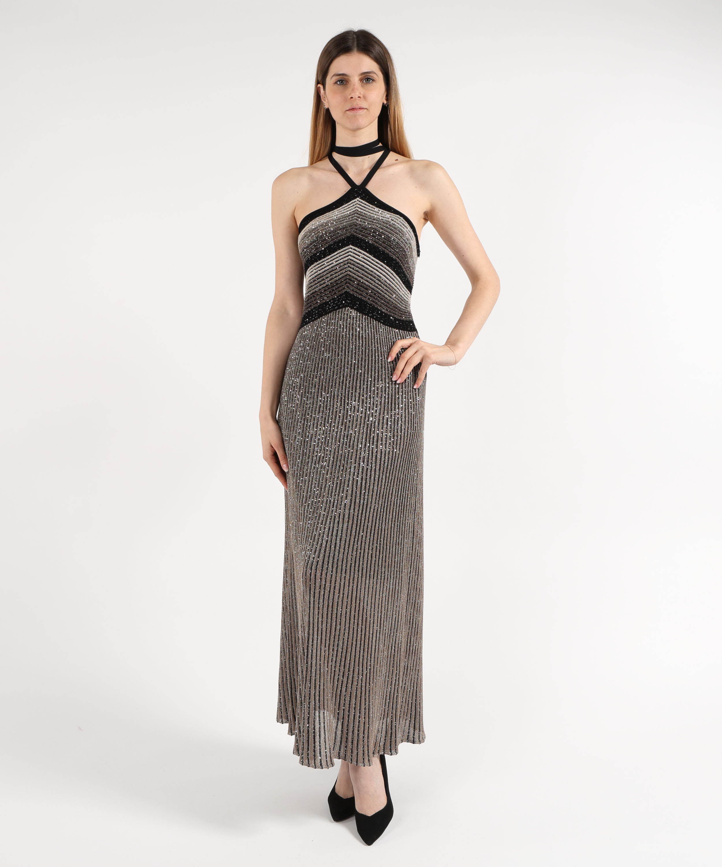 Abiti D.EXTERIOR Abito Lungo Paiettato a Costine Nero | D.EXTERIOR