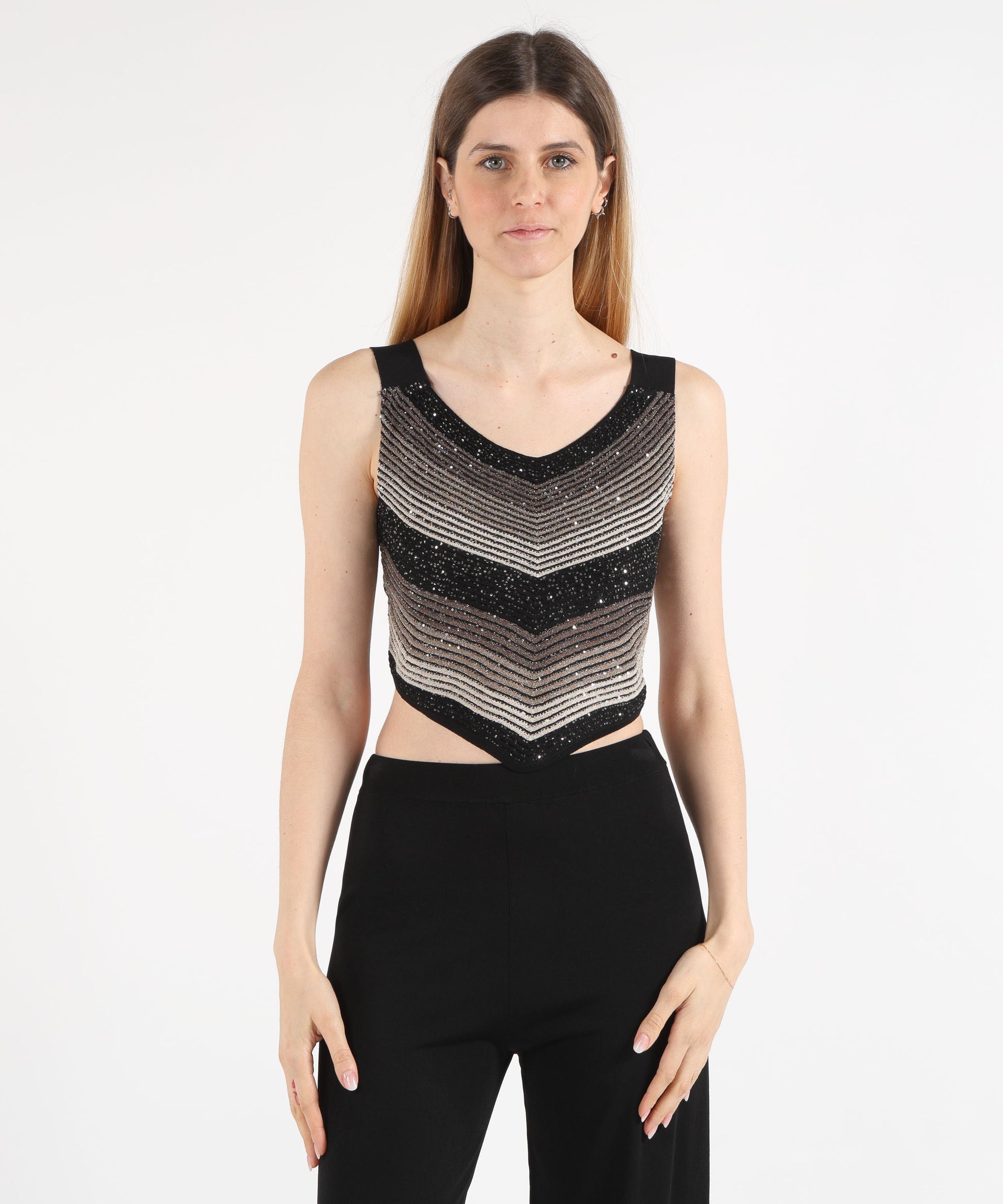 Tops D.EXTERIOR Ribbed Sequin Top – Geometric Elegance Nero | D.EXTERIOR
