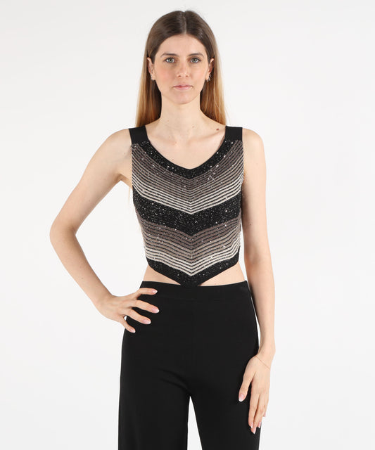Top D.EXTERIOR Top a Costine con Paillettes – Eleganza Geometrica Nero | D.EXTERIOR