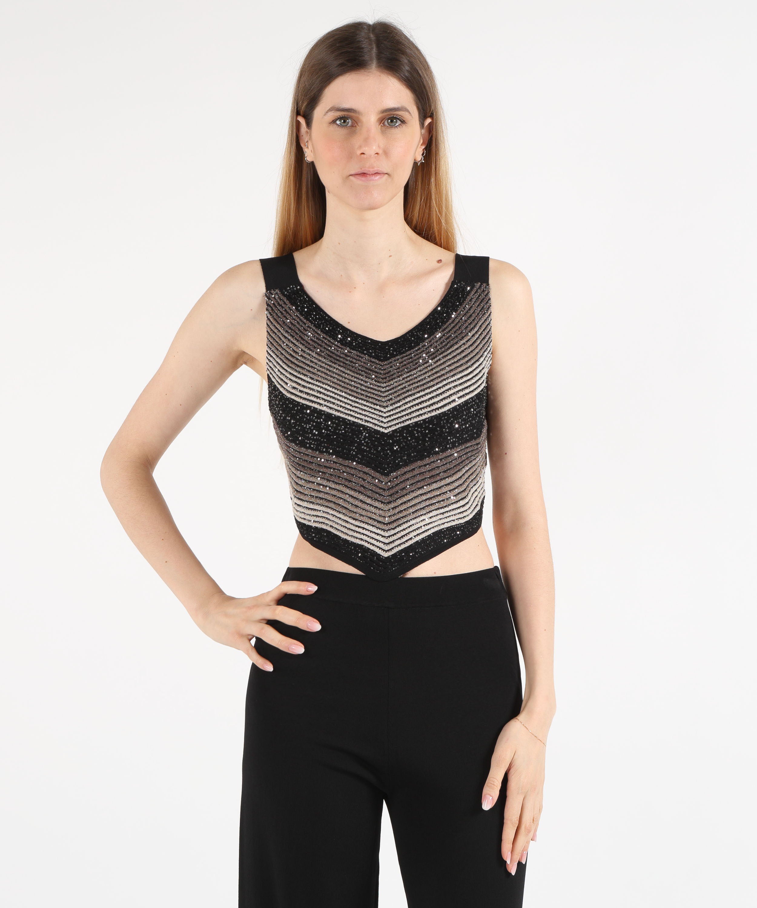 Top D.EXTERIOR Top a Costine con Paillettes – Eleganza Geometrica Nero | D.EXTERIOR