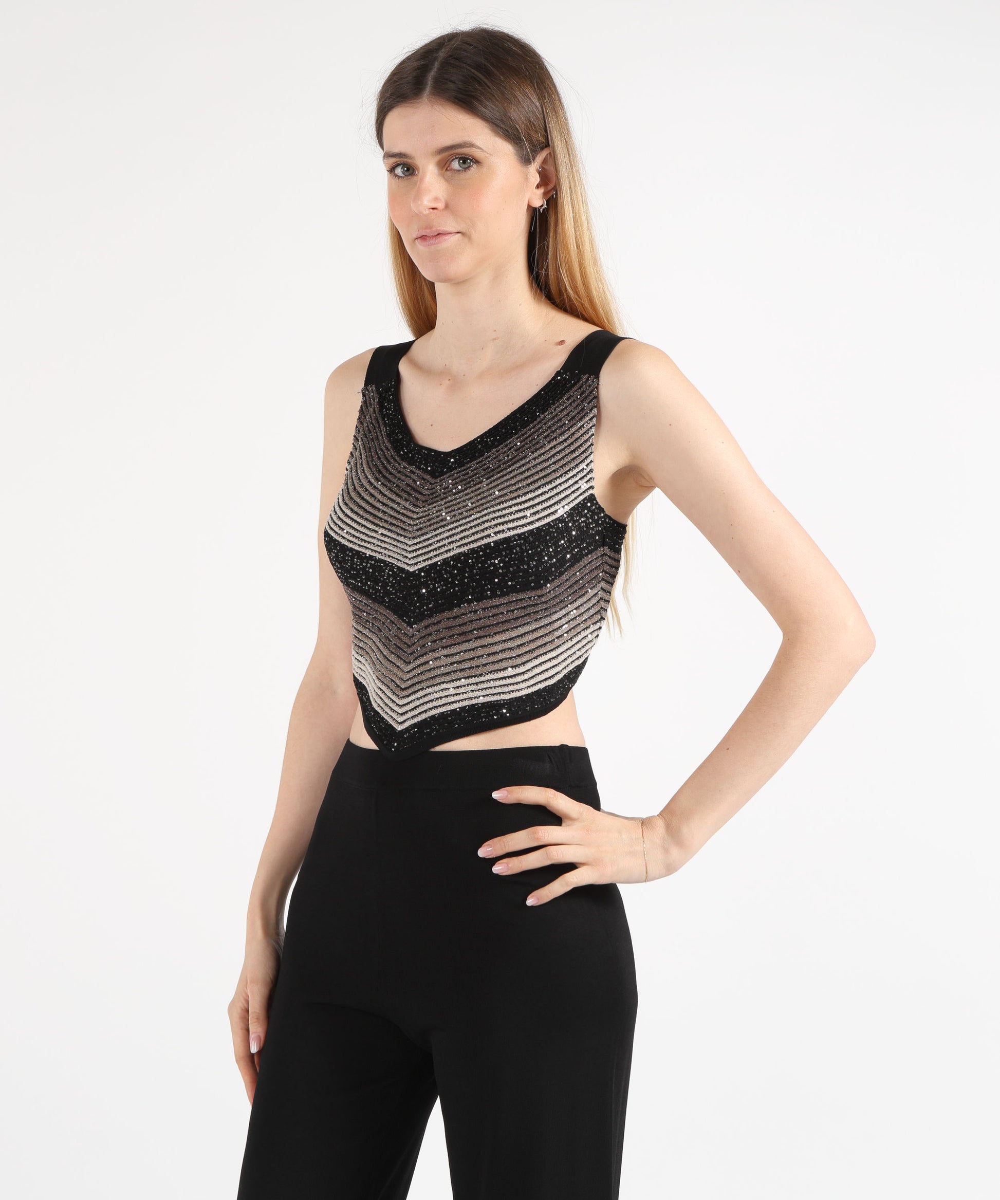 Tops D.EXTERIOR Ribbed Sequin Top – Geometric Elegance Nero | D.EXTERIOR