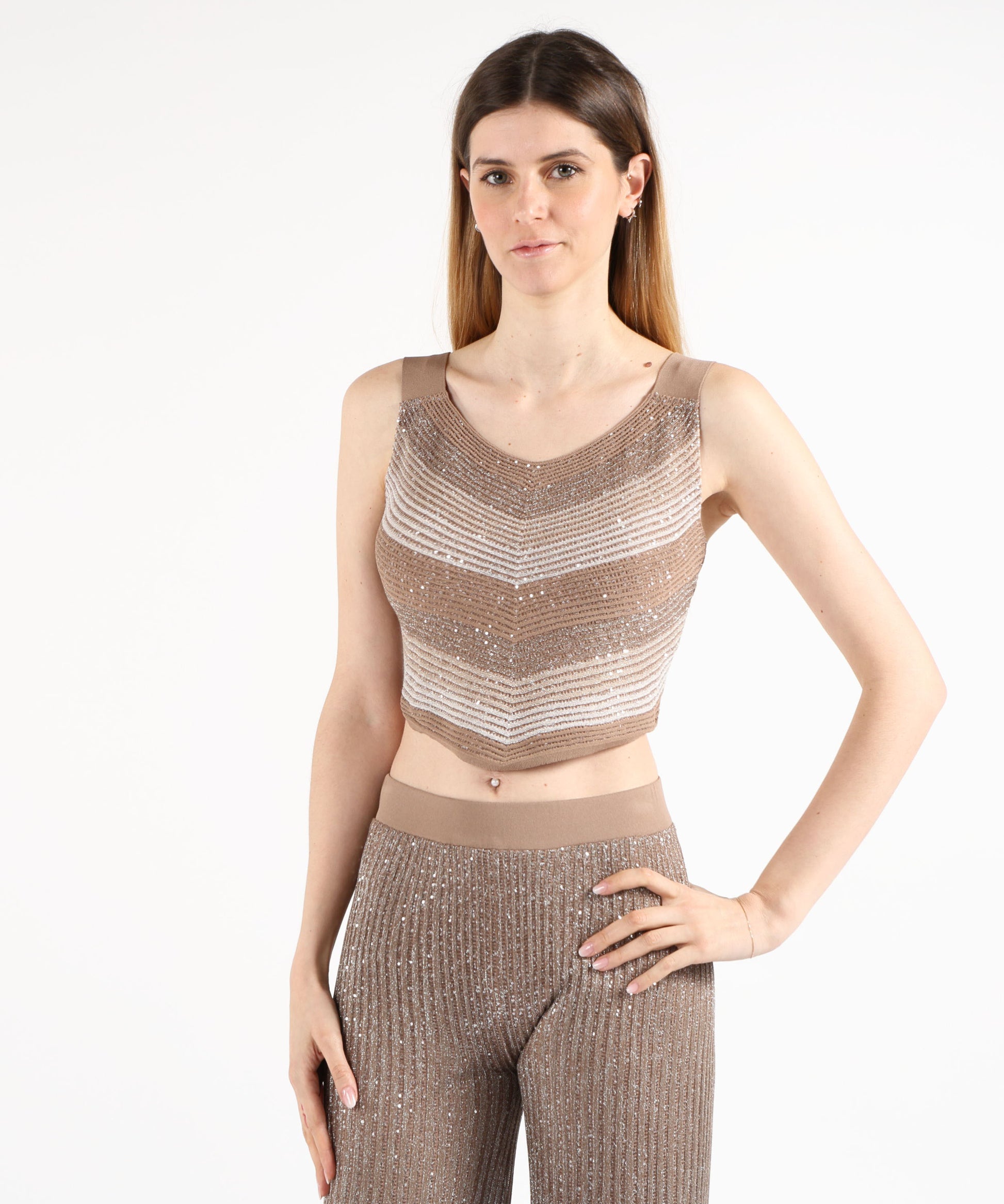 Top D.EXTERIOR Top a Costine con Paillettes – Eleganza Geometrica Marrone | D.EXTERIOR