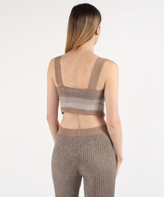 Top D.EXTERIOR Top a Costine con Paillettes – Eleganza Geometrica Marrone | D.EXTERIOR
