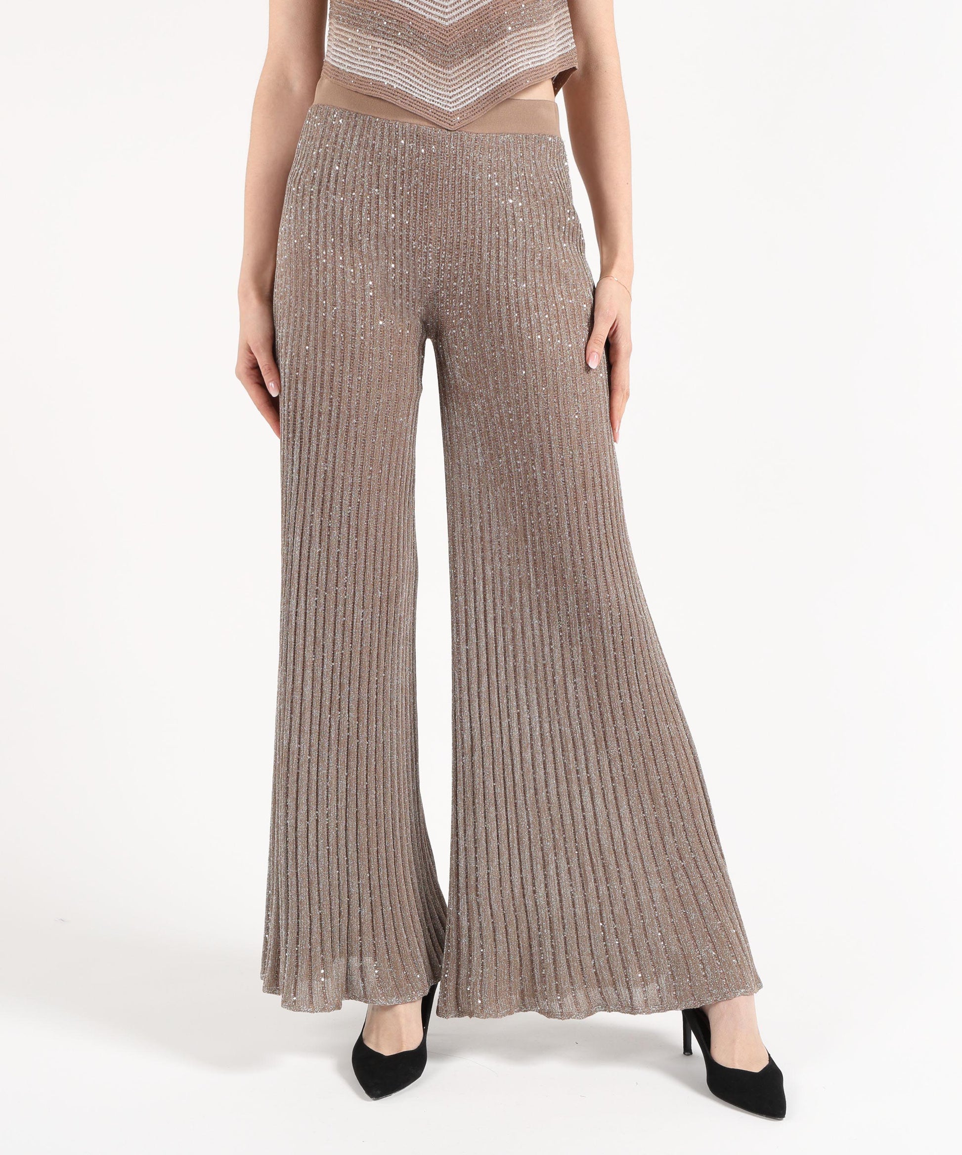 Trousers D.EXTERIOR Wide Ribbed Sequin Pants Marrone | D.EXTERIOR