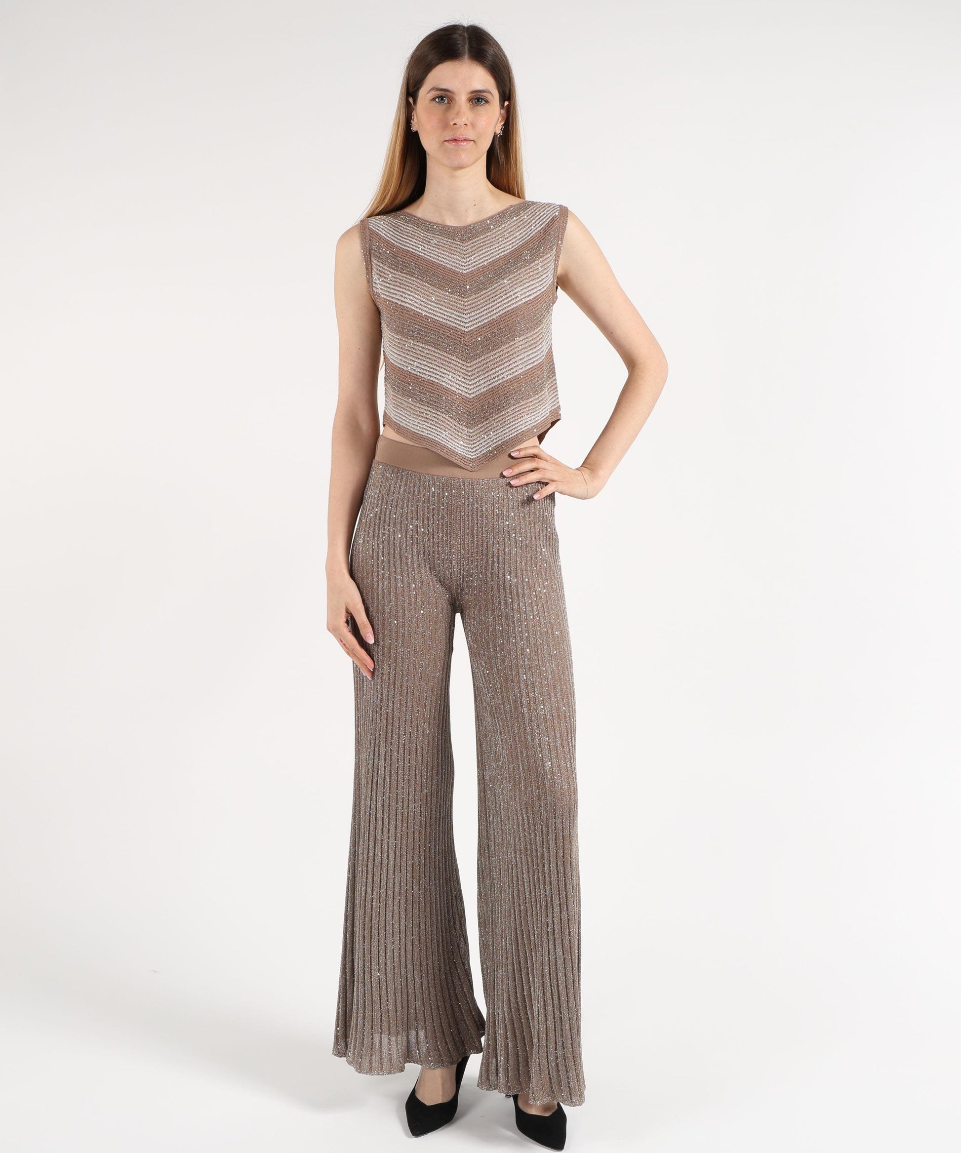 Trousers D.EXTERIOR Wide Ribbed Sequin Pants Marrone | D.EXTERIOR