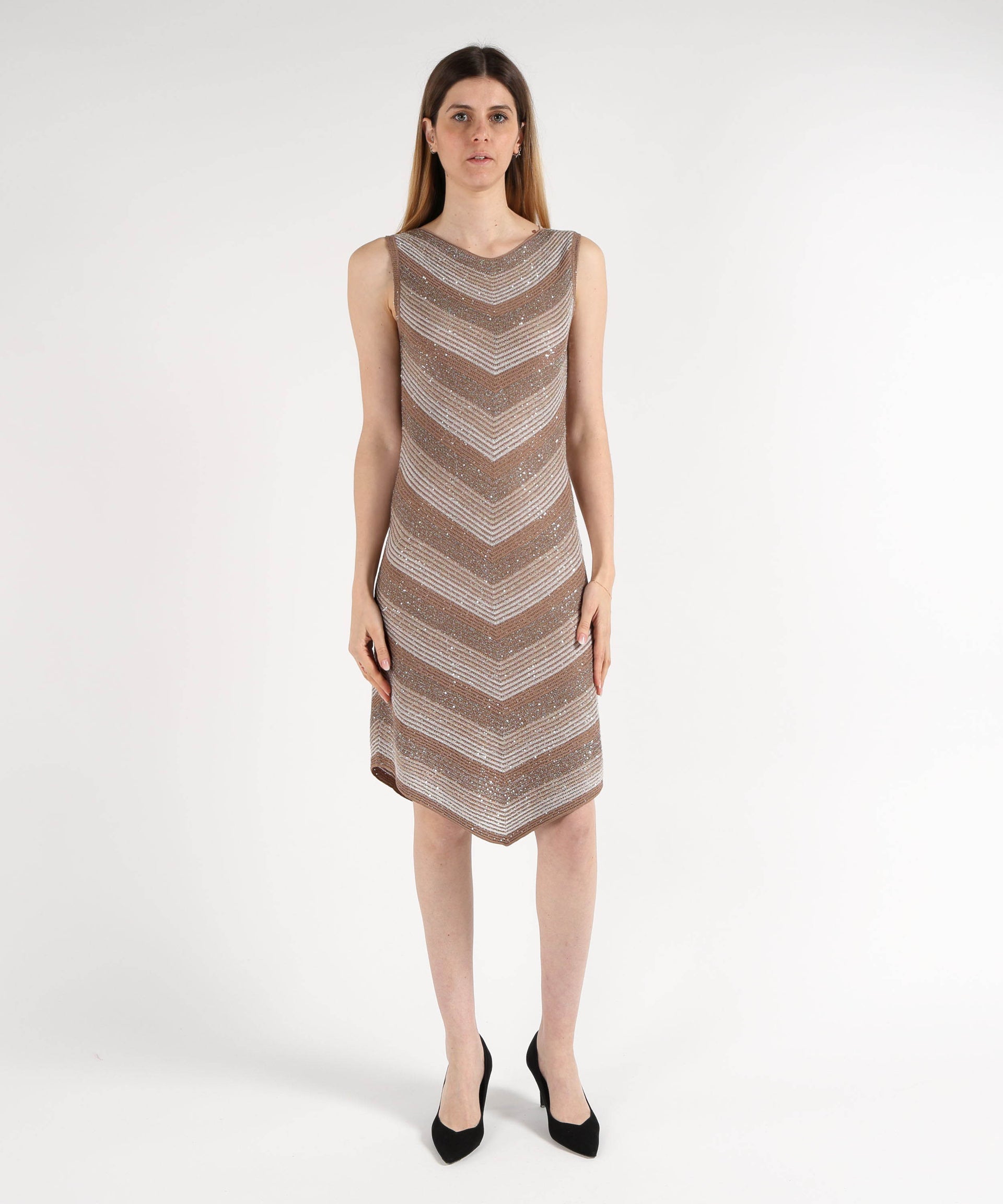 D.EXTERIOR Abito Midi Senza Maniche con Effetto Costina Paiettata