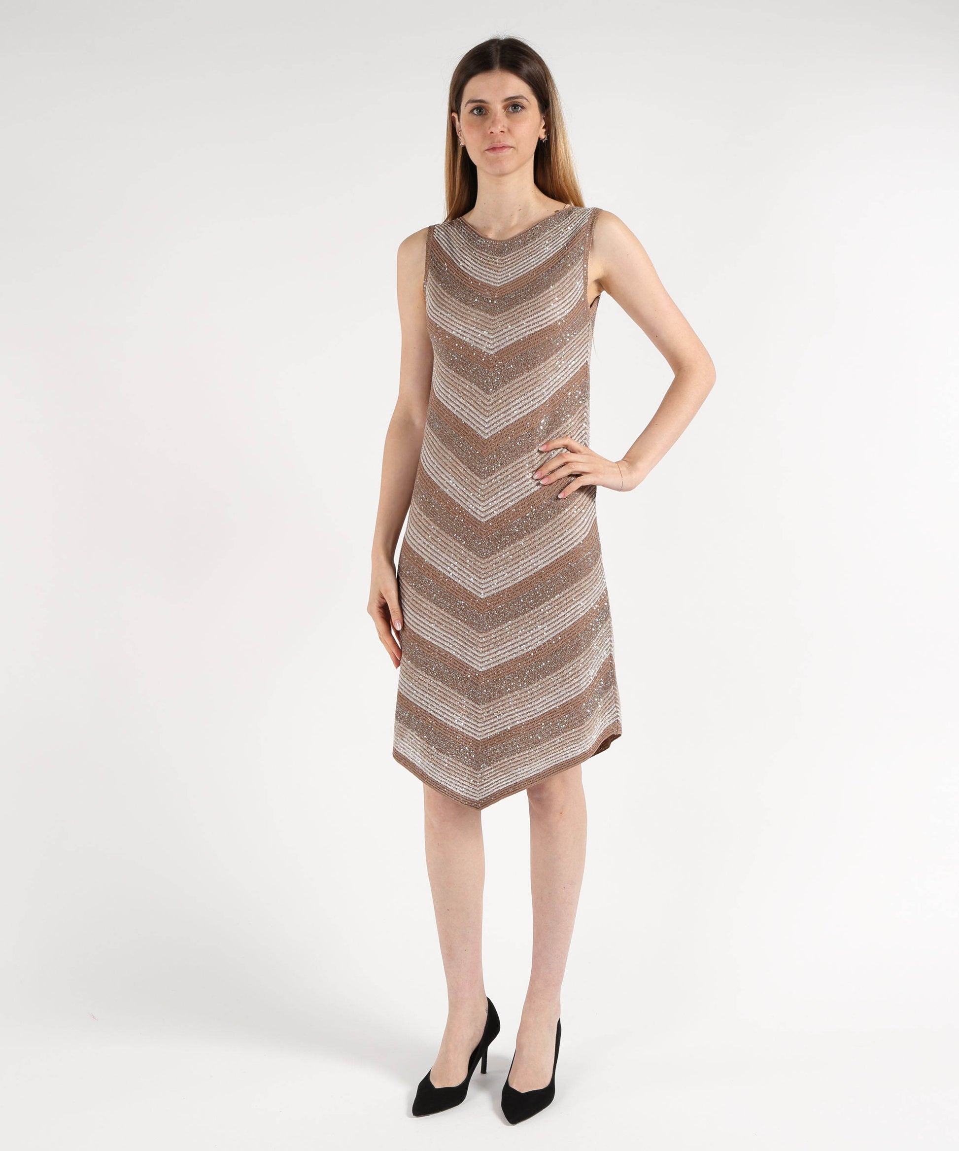Abiti D.EXTERIOR Abito Midi Senza Maniche con Effetto Costina Paiettata Marrone | D.EXTERIOR