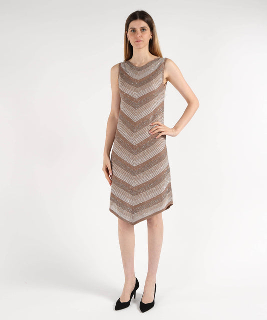 Abiti D.EXTERIOR Abito Midi Senza Maniche con Effetto Costina Paiettata Marrone | D.EXTERIOR