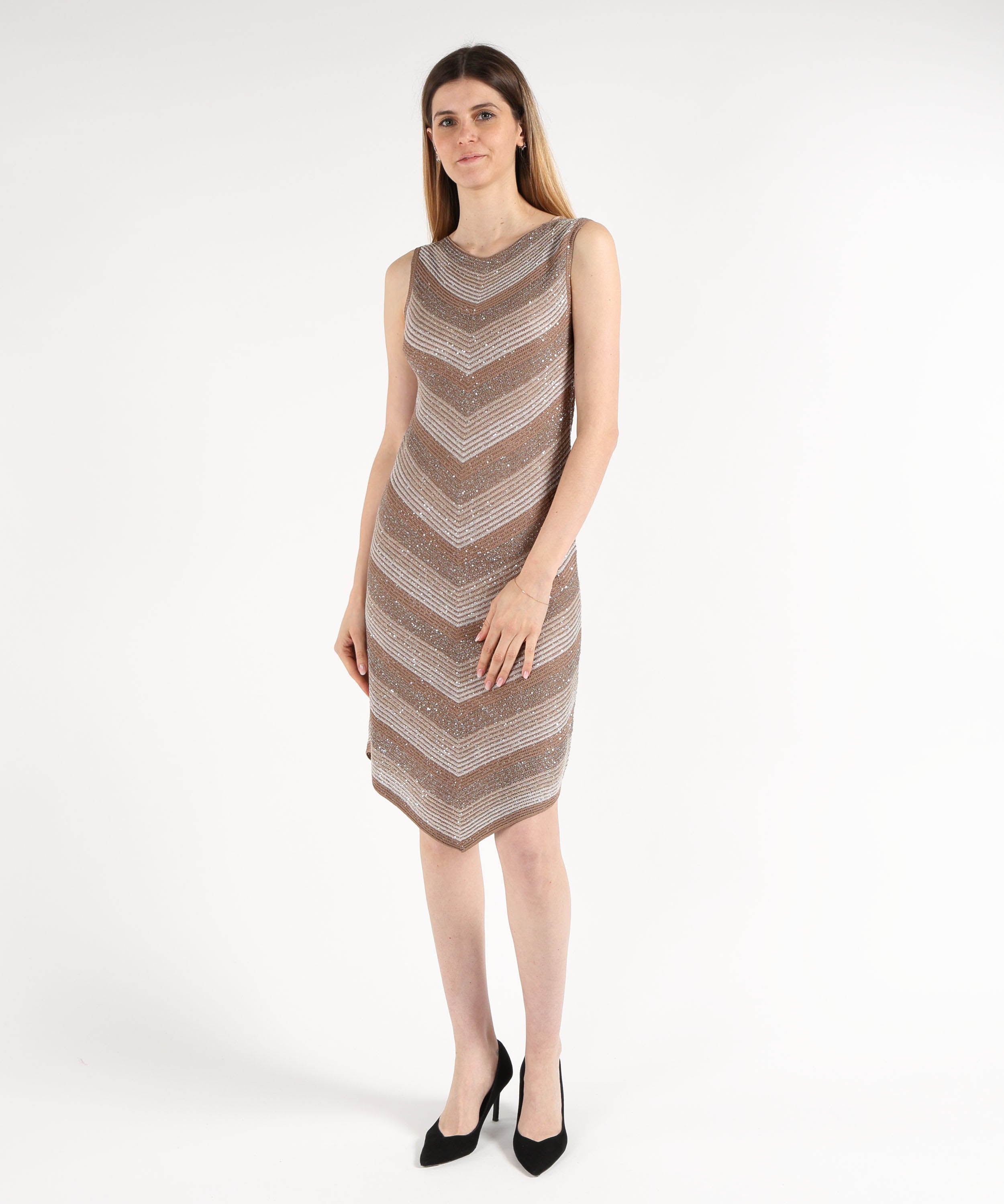 Abiti D.EXTERIOR Abito Midi Senza Maniche con Effetto Costina Paiettata Marrone | D.EXTERIOR